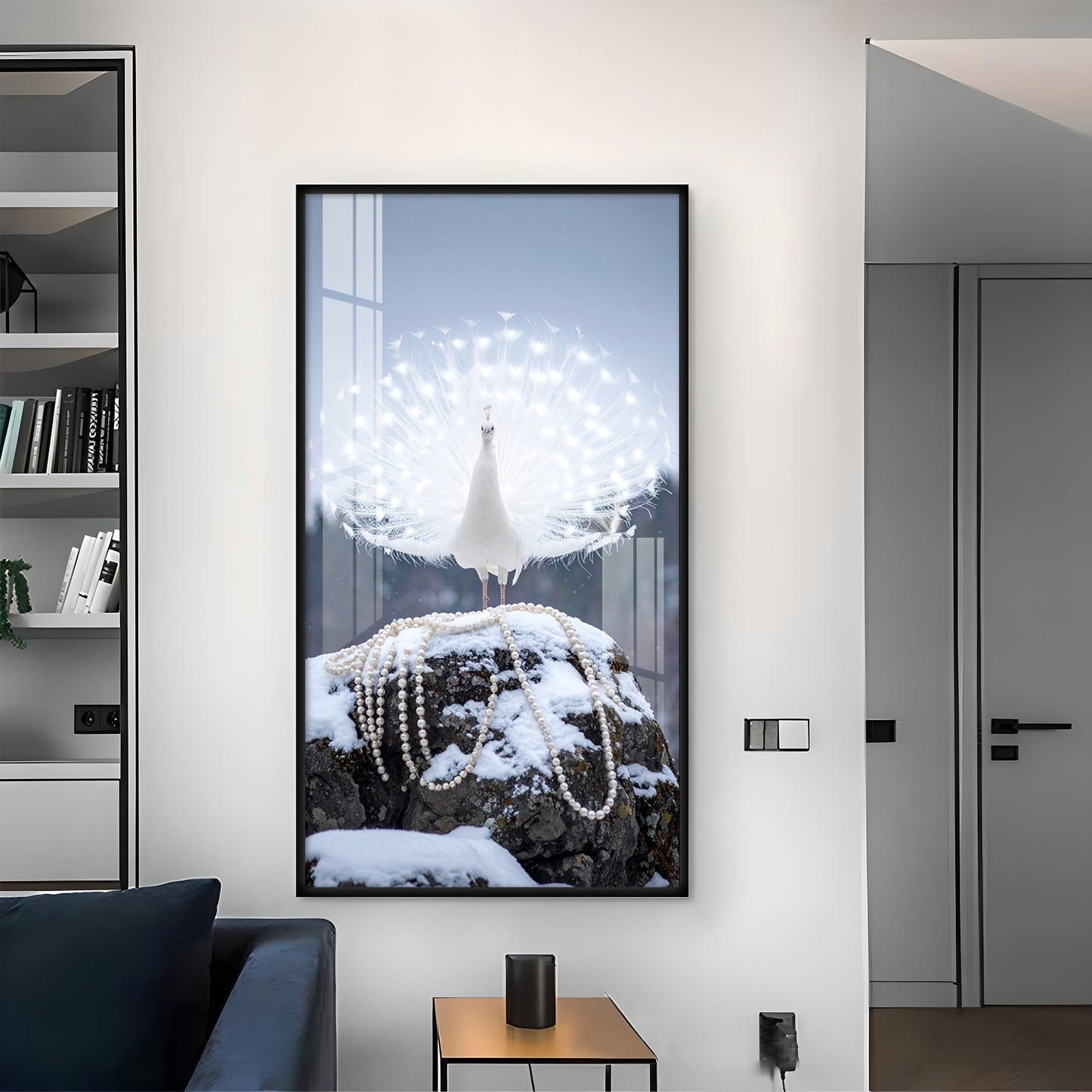 Dazzling Pearl Peacock Glass Finish Vertical Wall Art