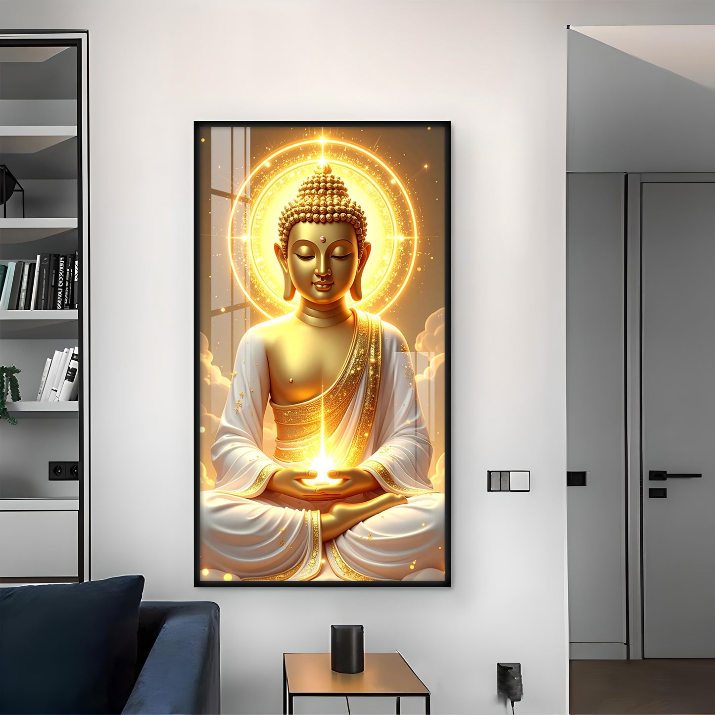 Buddha's Golden Horizon Glass Finish Vertical Wall Art