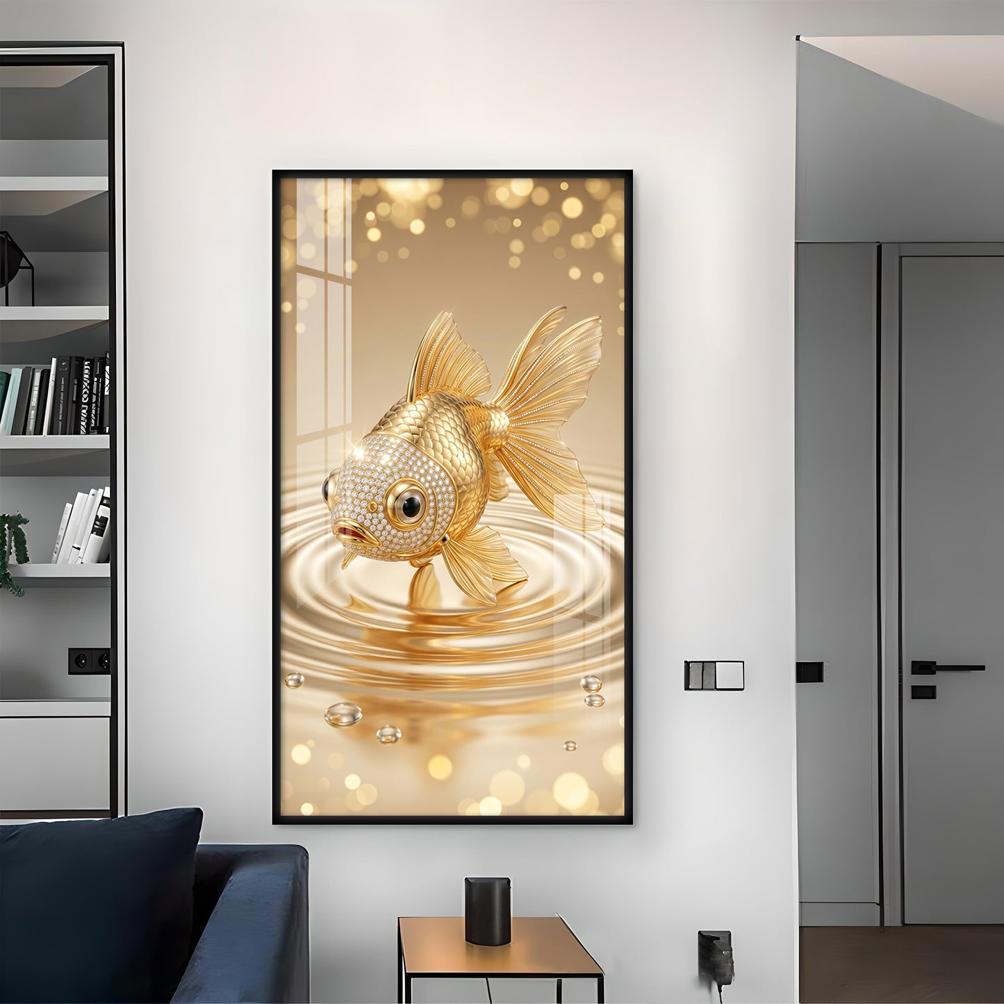 Lucky Golden Fish Glass Finish Vertical Wall Art