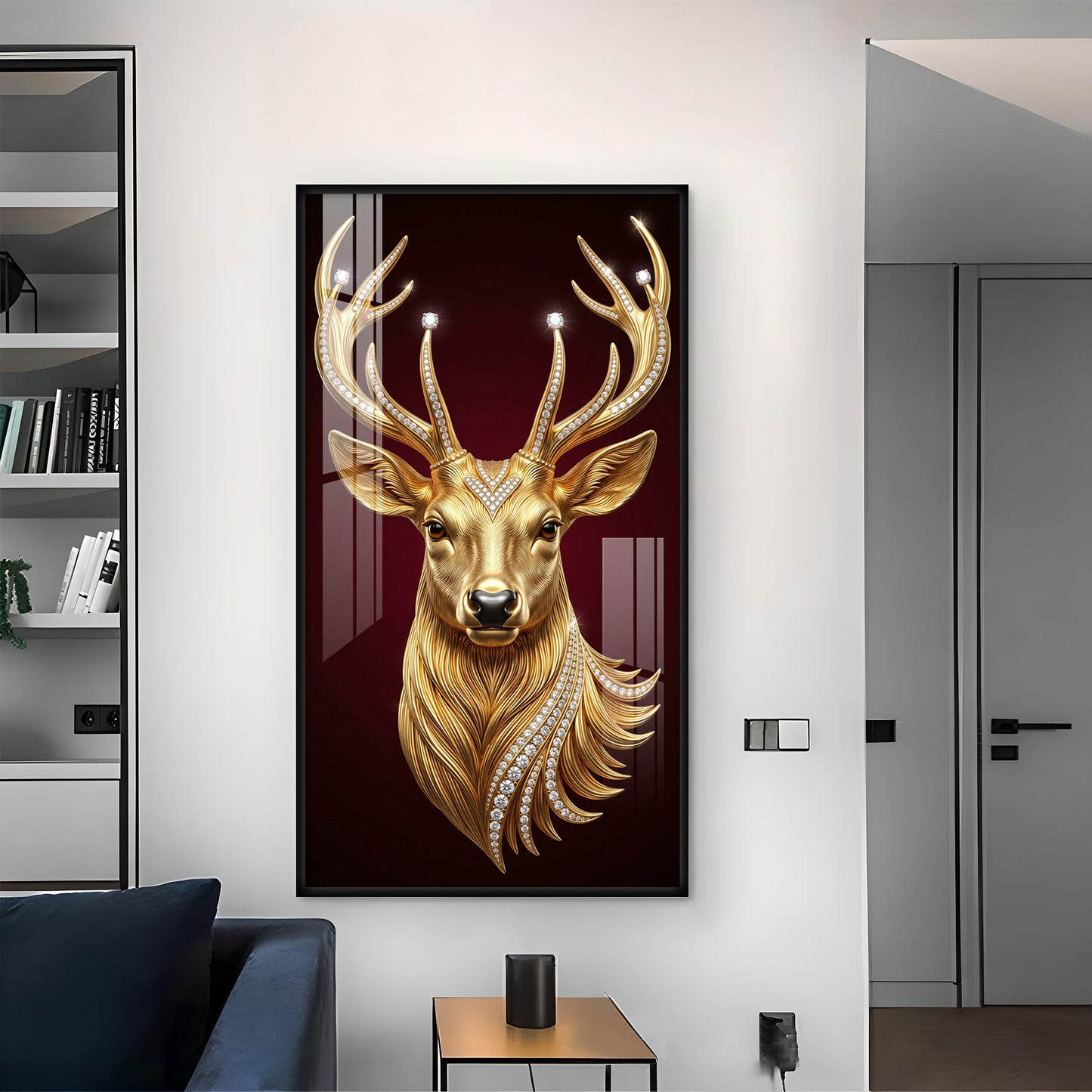 Golden Deer Head Glass Finish Vertical Wall Art