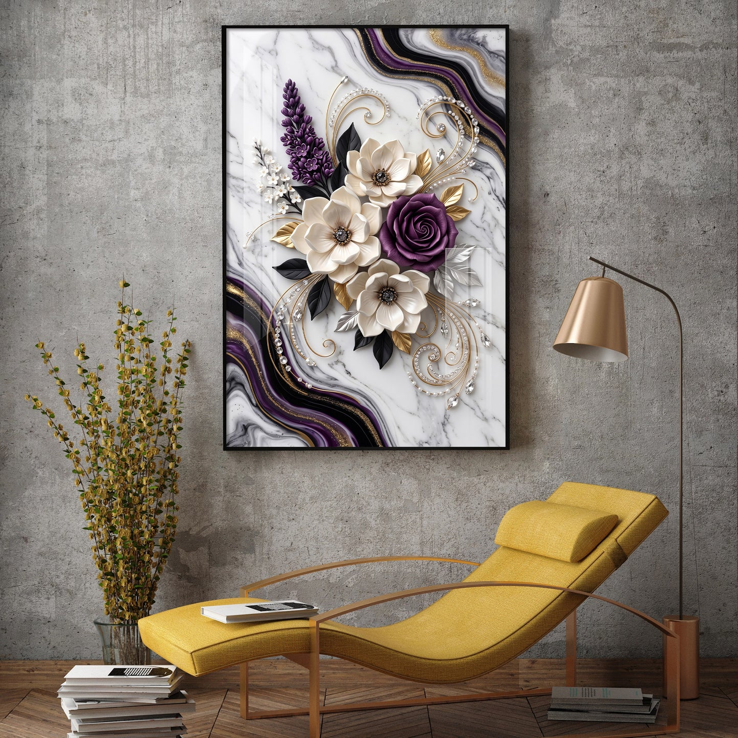 Beautiful Purple & White Flowers Glass Finish Vertical Wall Art