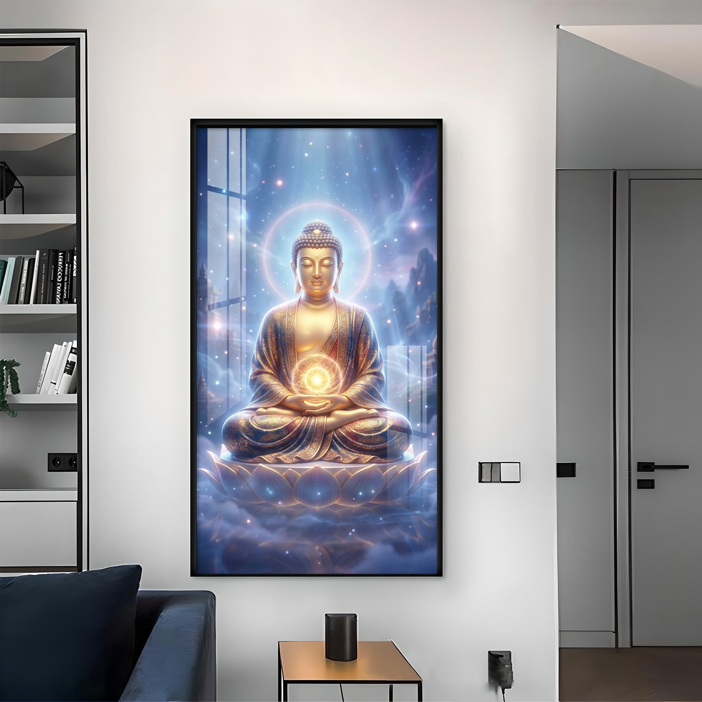 Meditating Lord Buddha Glass Finish Vertical Wall Art