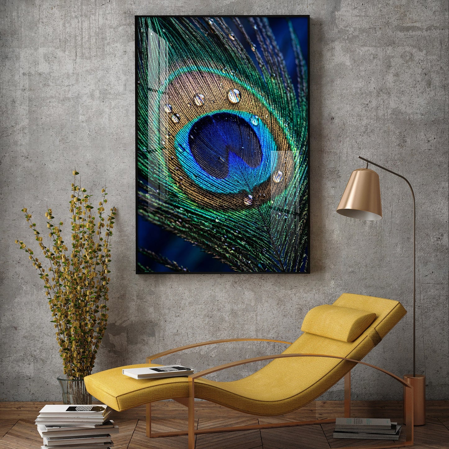 Peacock Feather With Water Drops Glass Finish Vertical Wall Art