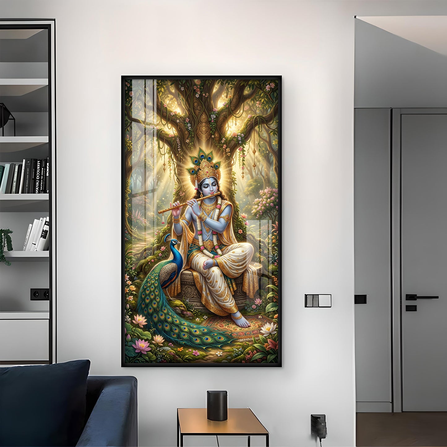 Divine Krishna Ji With Flute Glass Finish Vertical Wall Art
