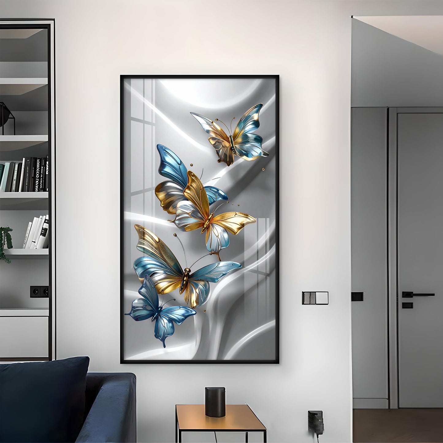 Golden Blue Flutter Glass Finish Vertical Wall Art