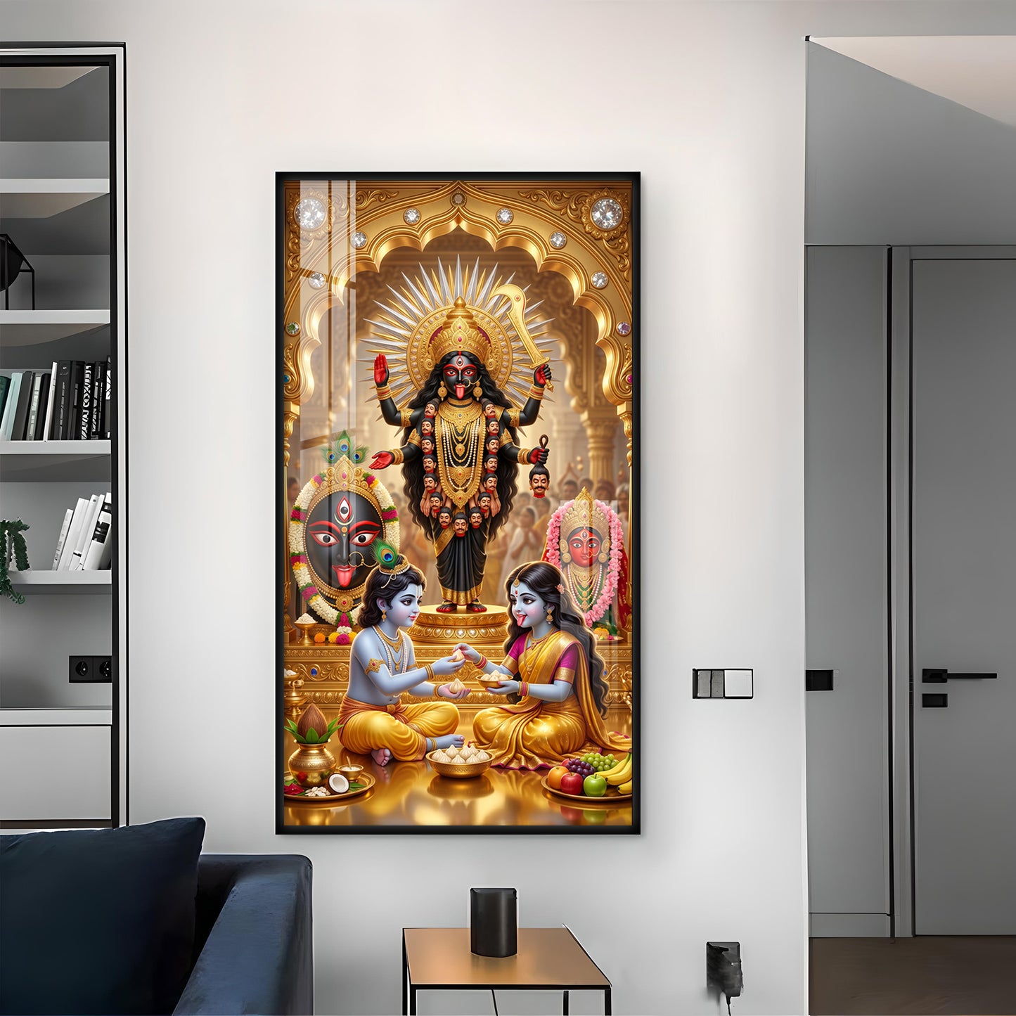 Maa Kali, Lord Krishna & Radha Glass Finish Vertical Wall Art