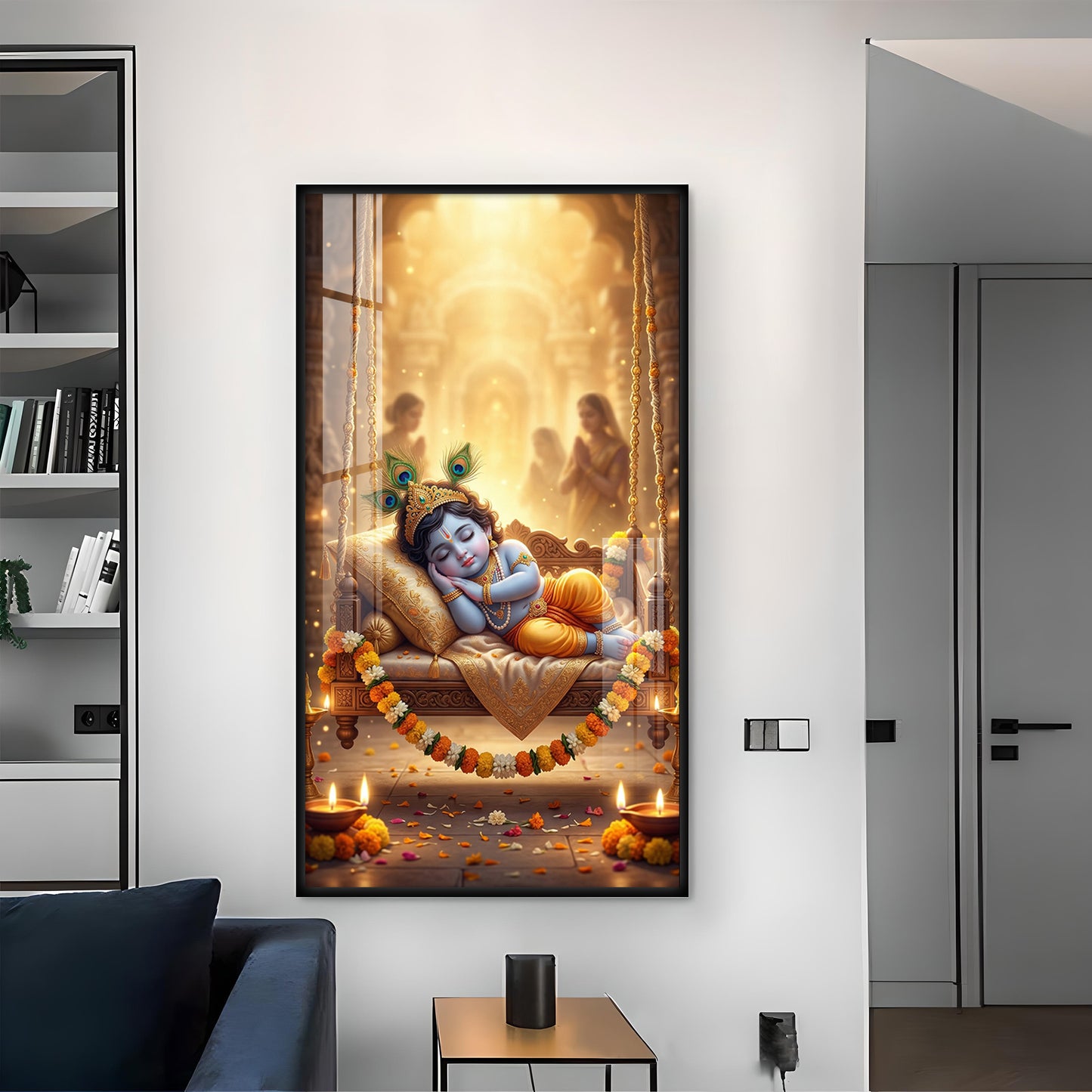 Sleeping Little Krishna Glass Finish Vertical Wall Art