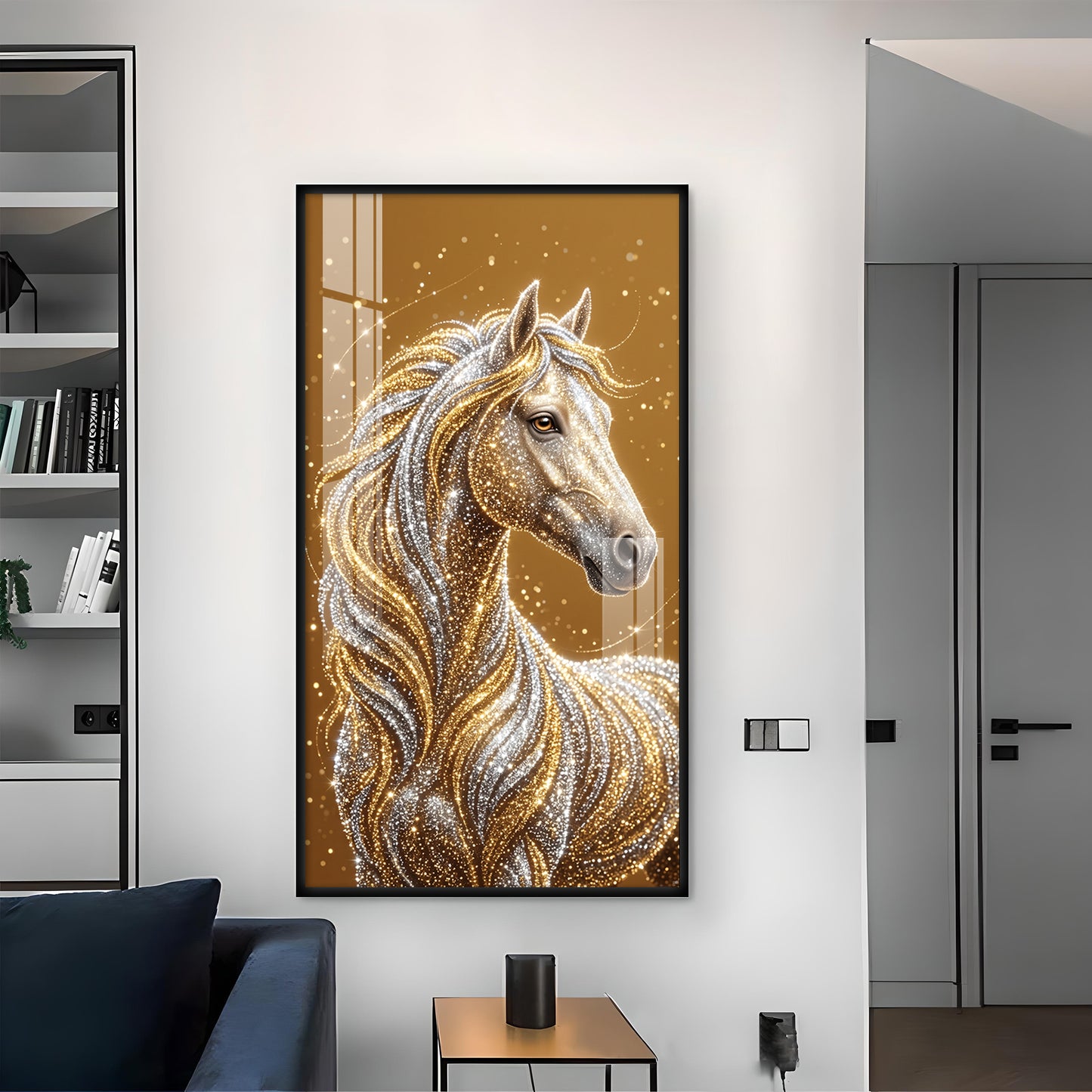 Horse In Gold & Silver Mane Glass Finish Vertical Wall Art