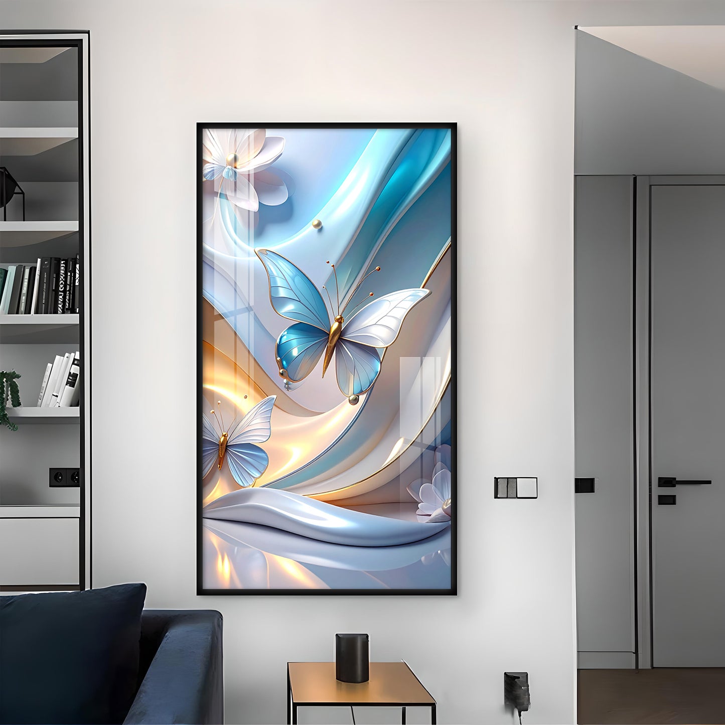 Enchanted Blue Flutter Glass Finish Vertical Wall Art