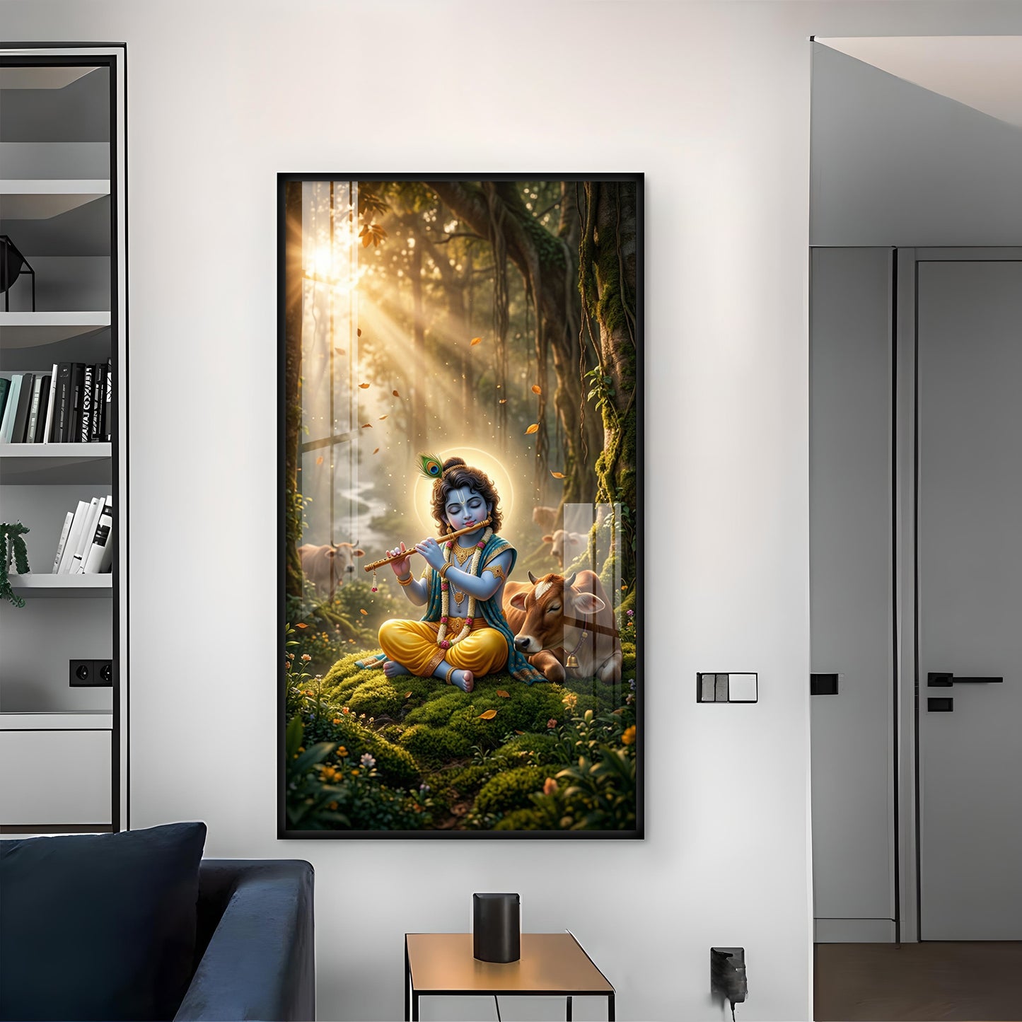 Lord Krishna Playing Flute In Garden Glass Finish Vertical Wall Art