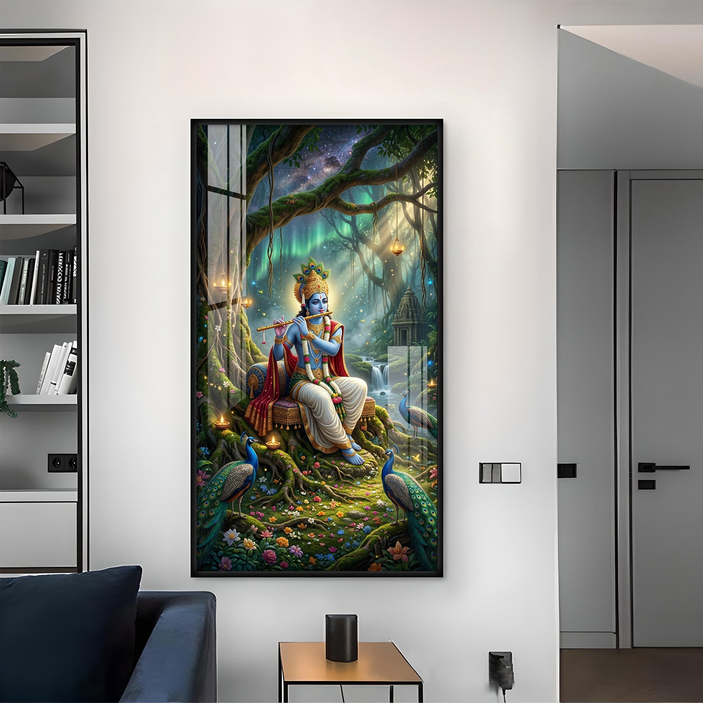 Shree Krishna With Flute Glass Finish Vertical Wall Art