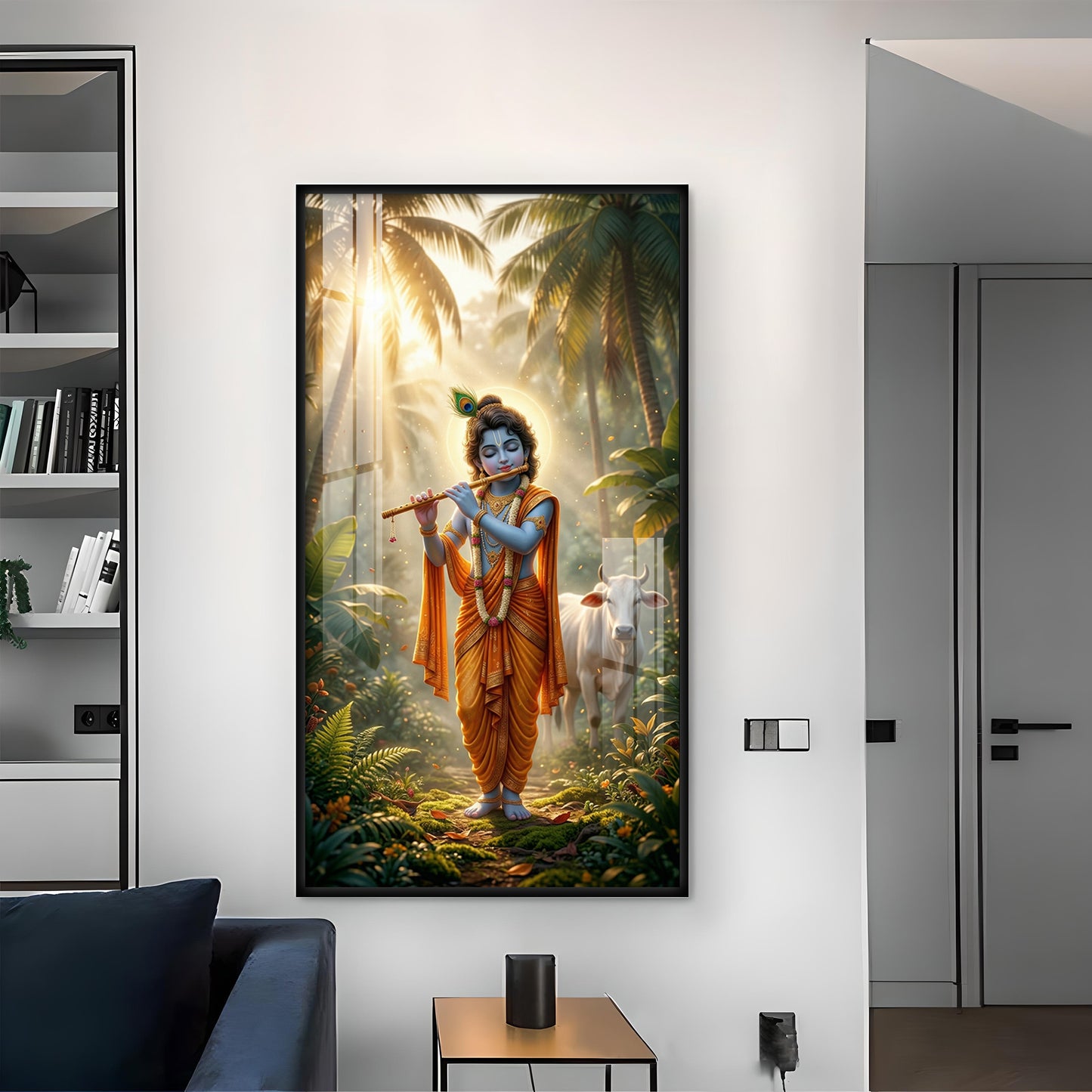 Lord Krishna Ji Playing Flute Glass Finish Vertical Wall Art