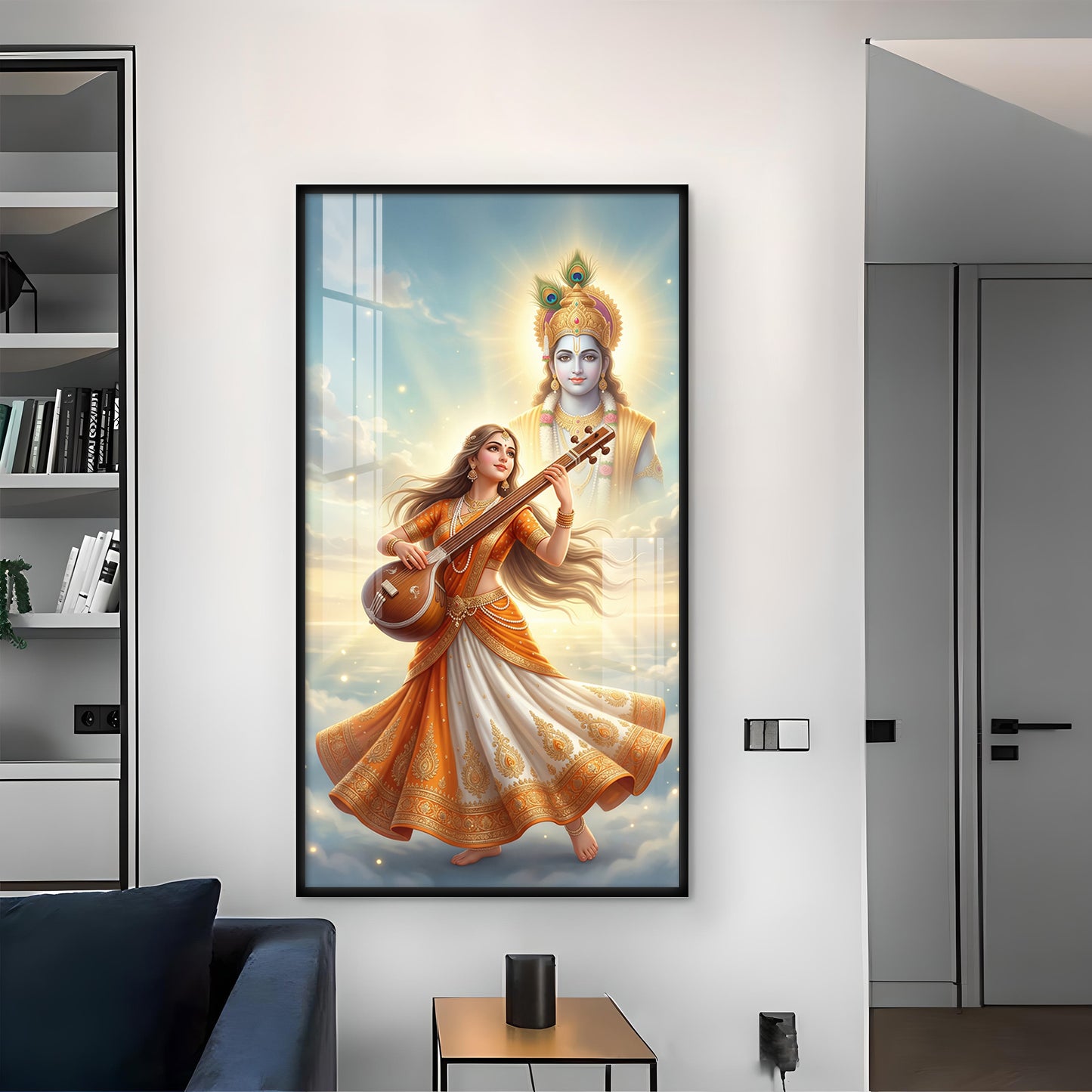 Divine Meera Bai with krishna Glass Finish Vertical Wall Art