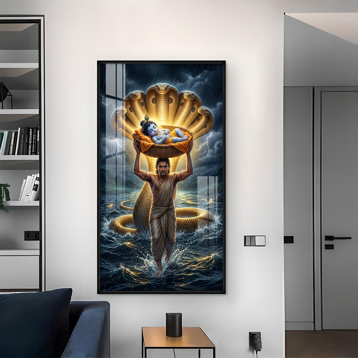 Lord Krishna with Vasudeva Glass Finish Vertical Wall Art