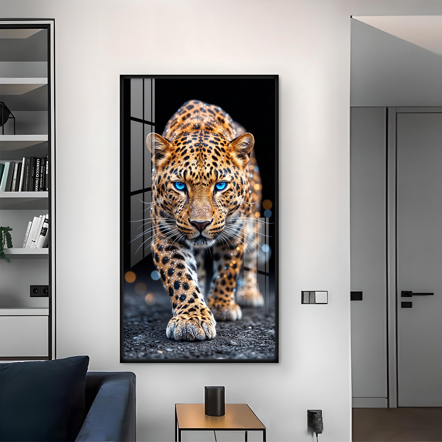 Wild Leopard With Blue Eyes Glass Finish Vertical Wall Art