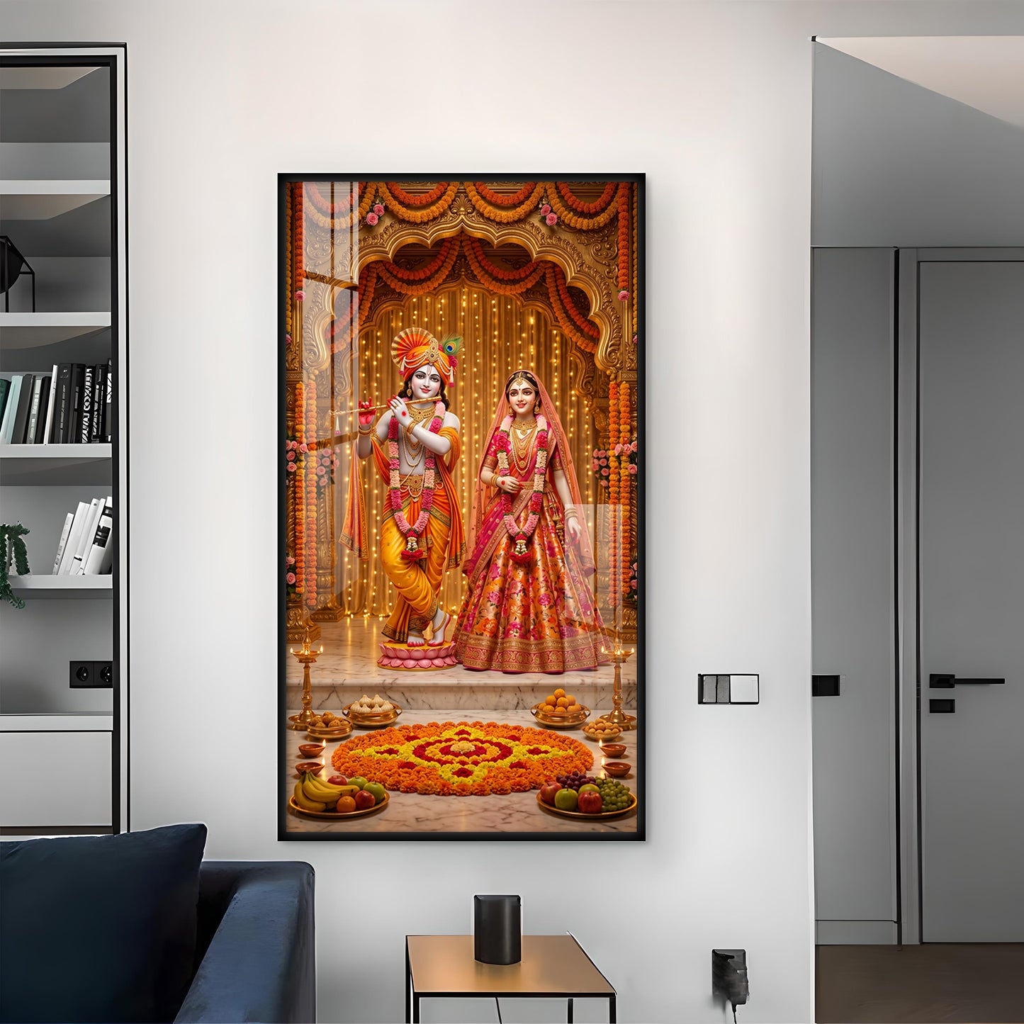 Decorative Radha Krishna Glass Finish Vertical Wall Art