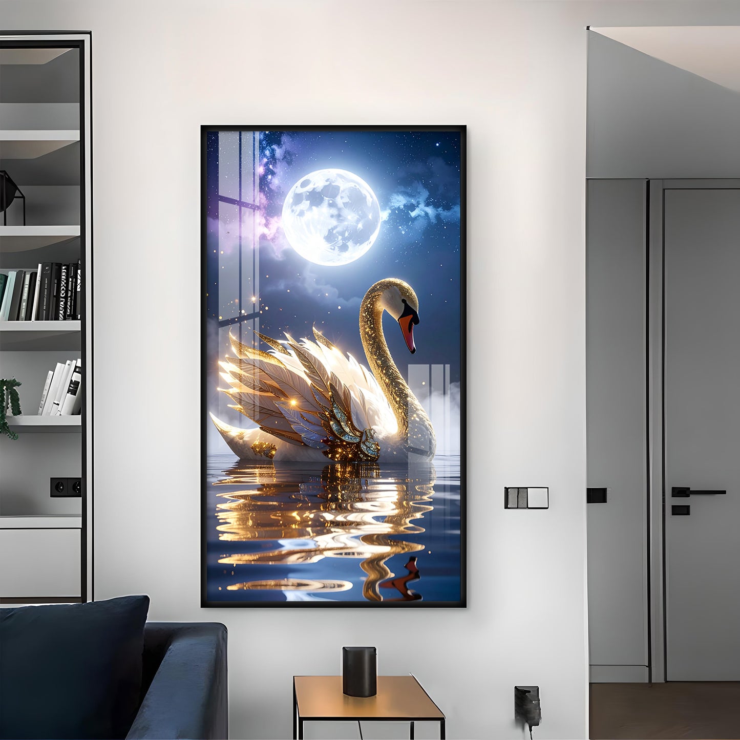 Majestic swan with feathers Glass Finish Vertical Wall Art