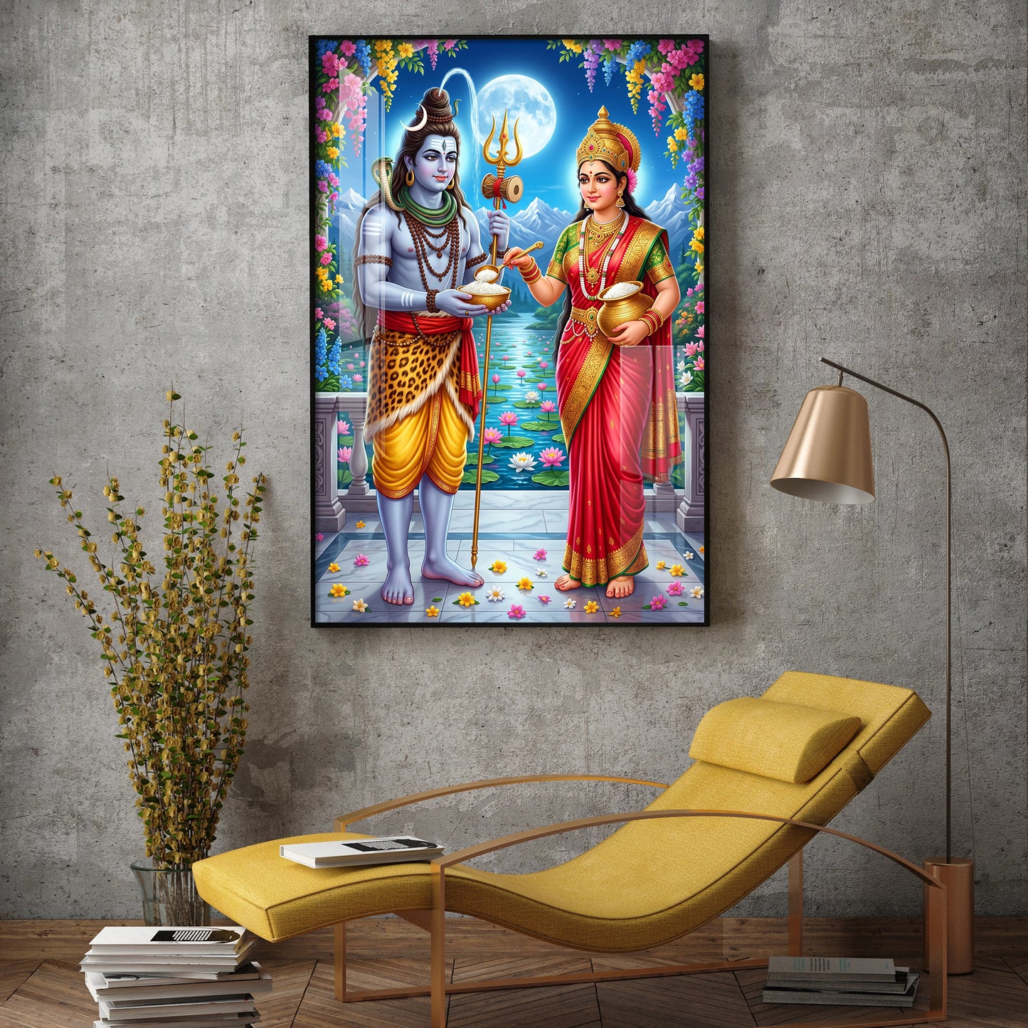 Annapurna Devi Offering Food To Lord Shiva Glass Finish Vertical Wall Art