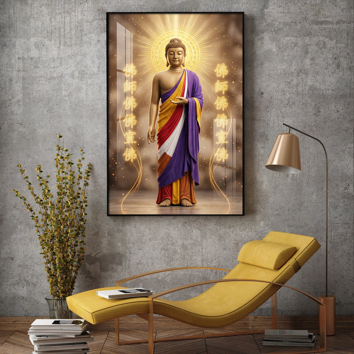 Depicting A Golden Buddha Glass Finish Vertical Wall Art
