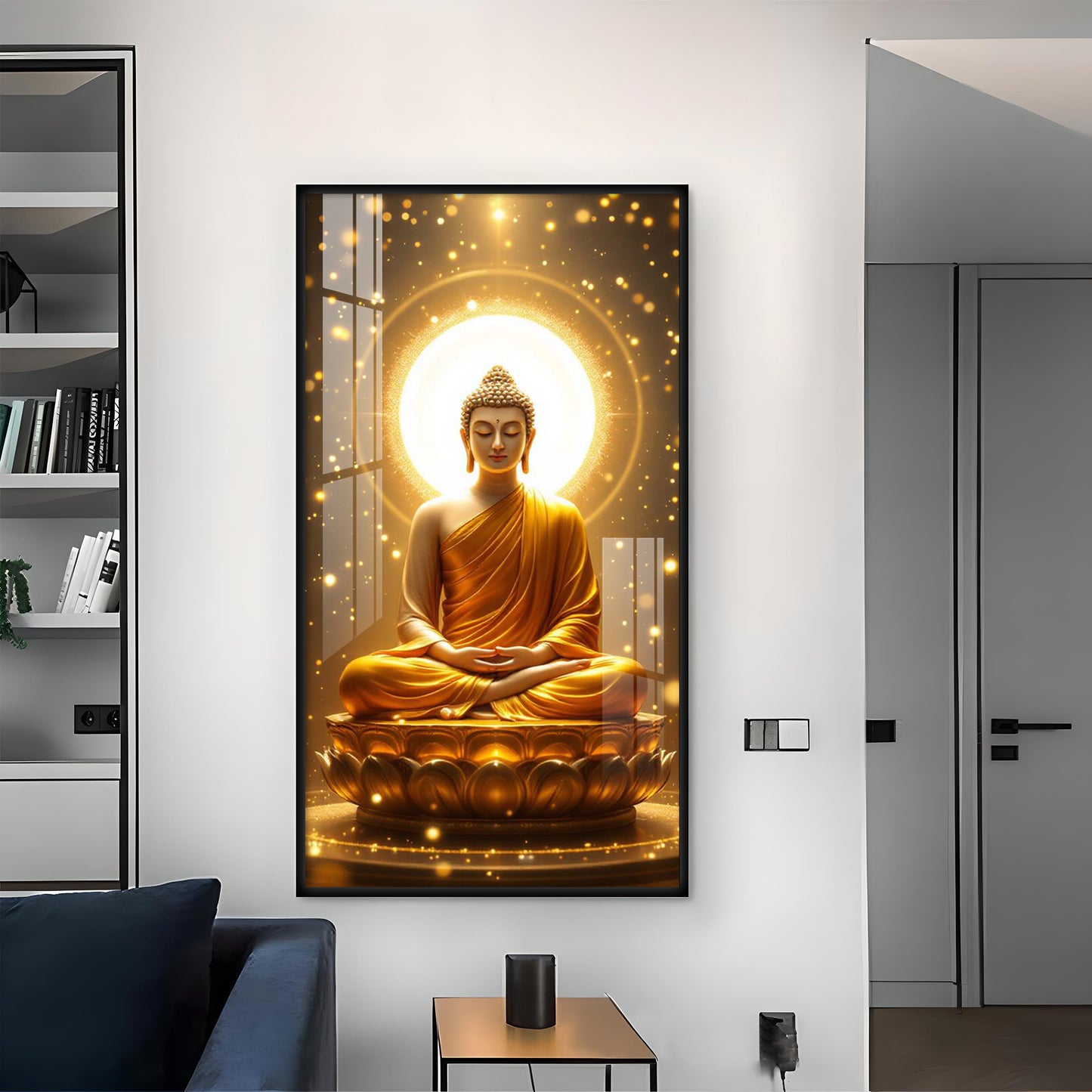 Meditating Gautam Buddha Glass Finish Vertical Wall Art