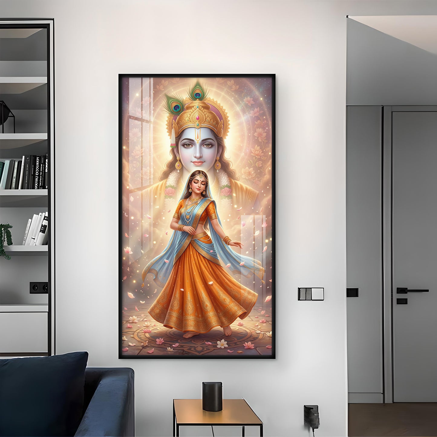 Radha With Shri Krishna Glass Finish Vertical Wall Art
