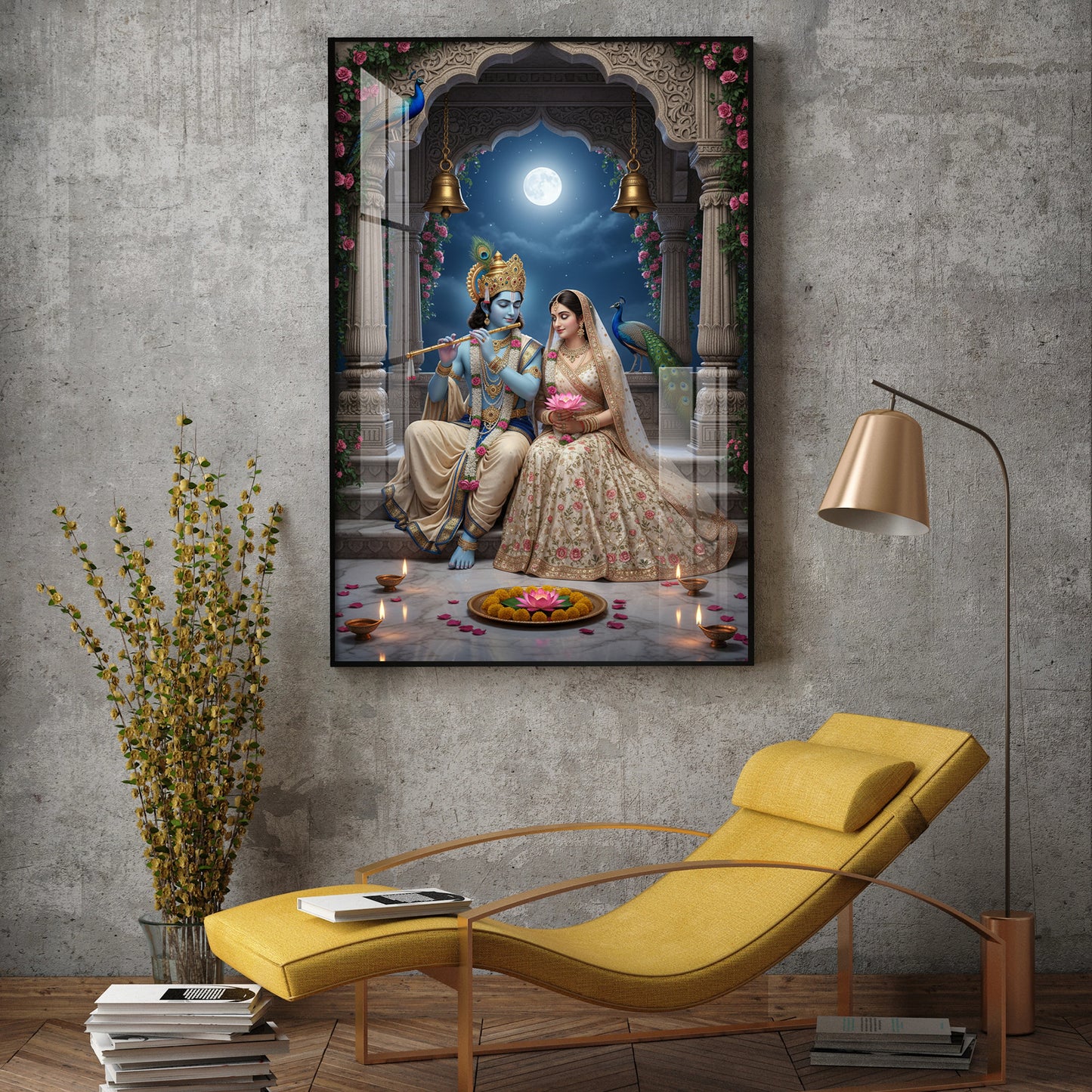 Hindu Deities Radha & Krishna Glass Finish Vertical Wall Art