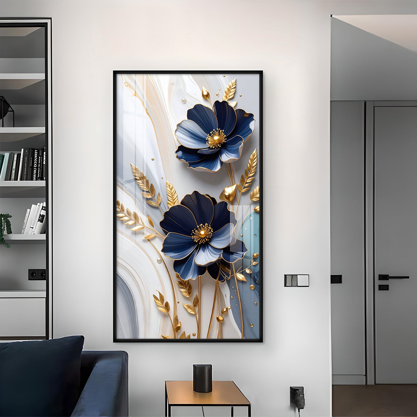 Blue Petal Luxe Flower Glass Finish Vertical Wall Art