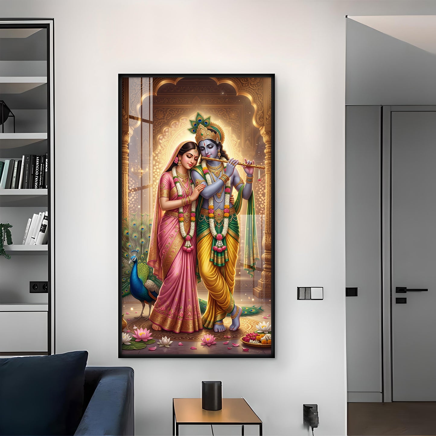 Eternal Bond of Radha Krishna Glass Finish Vertical Wall Art
