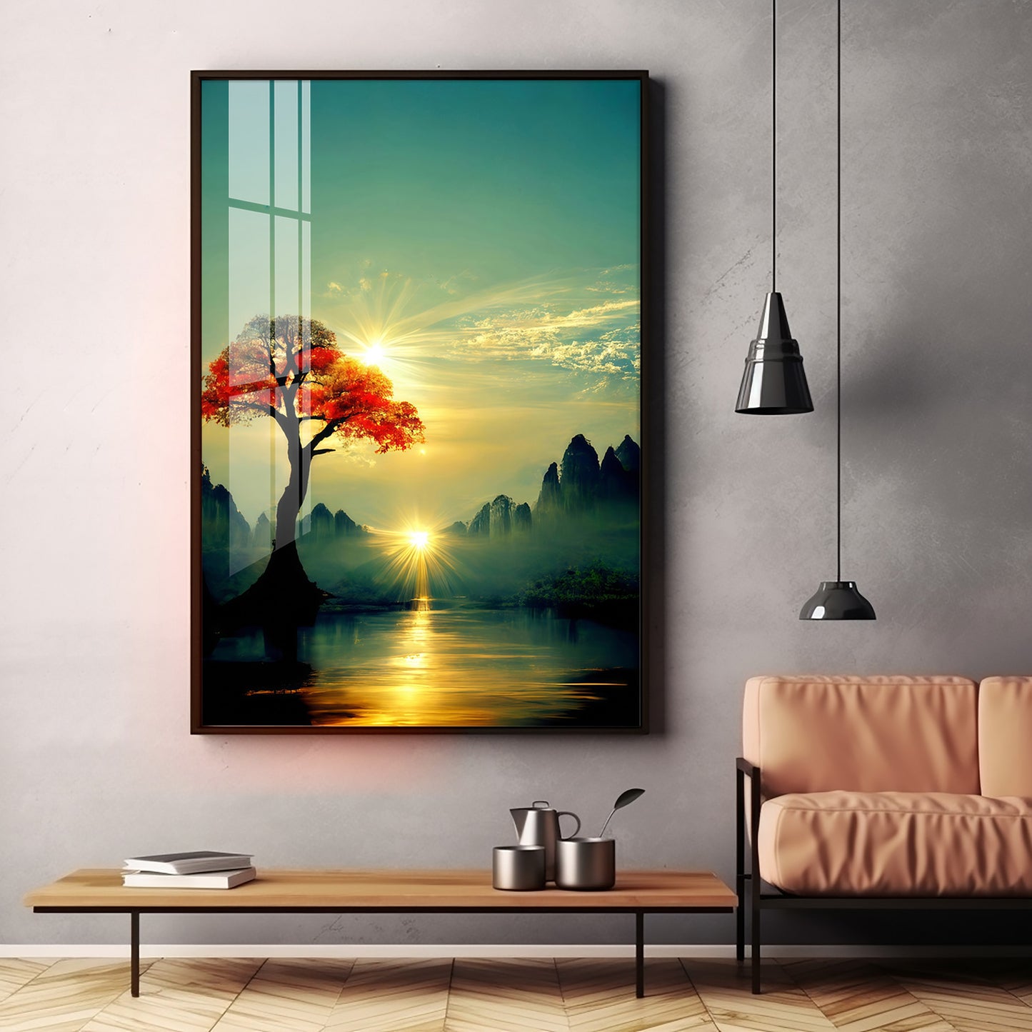Golden Vista Glass Finish Vertical Wall Art