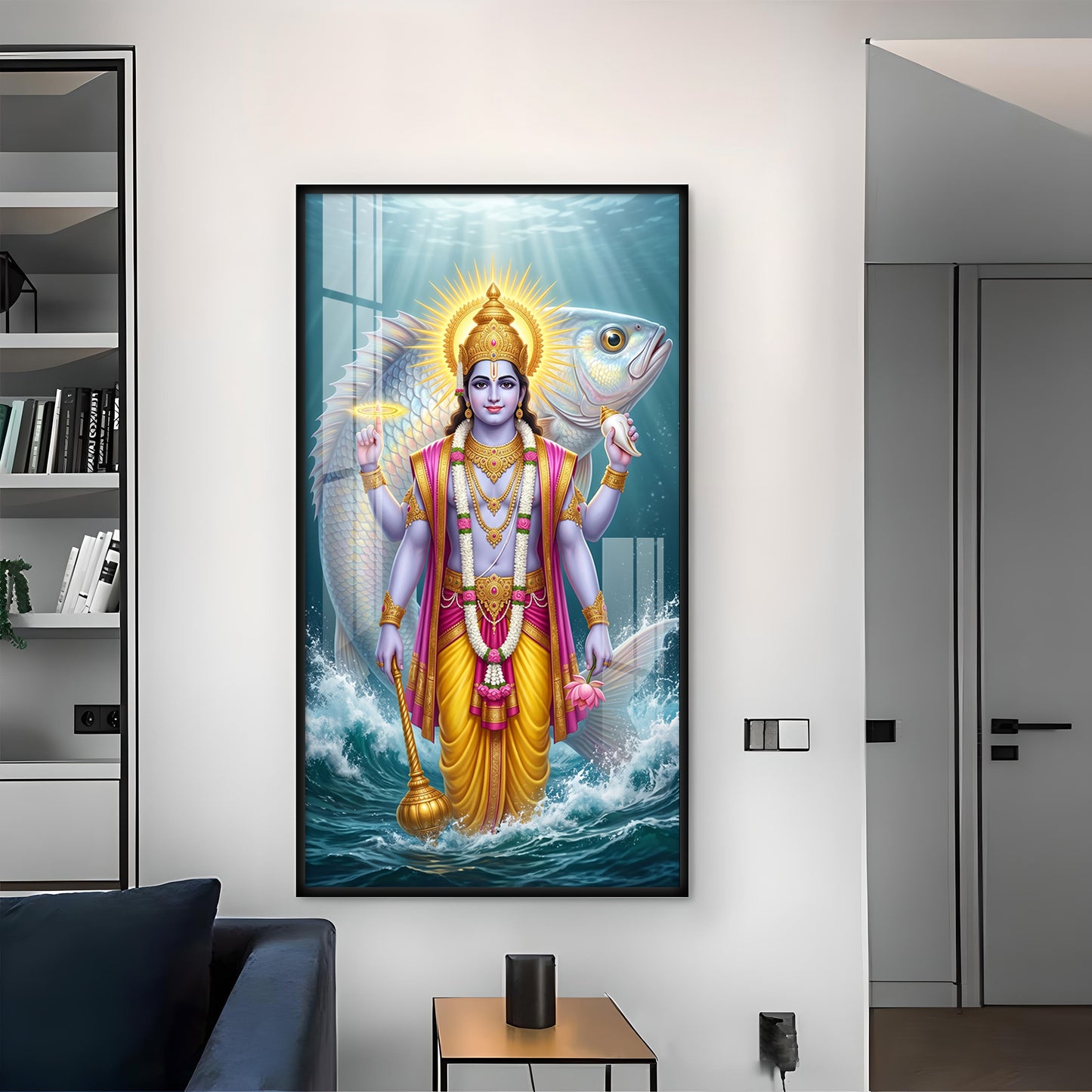 Lord Vishnu With Matsya Avatar Glass Finish Vertical Wall Art