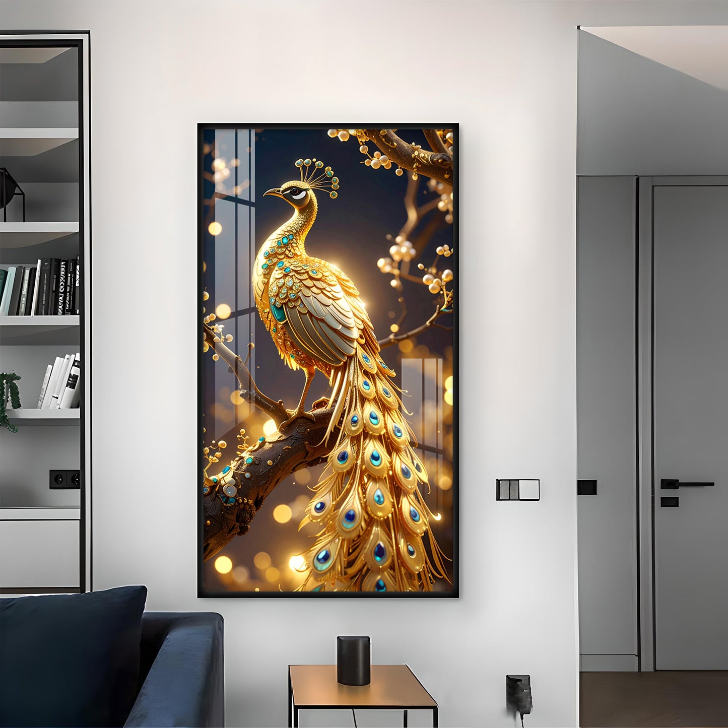 Celestial Golden Peacock Glass Finish Vertical Wall Art