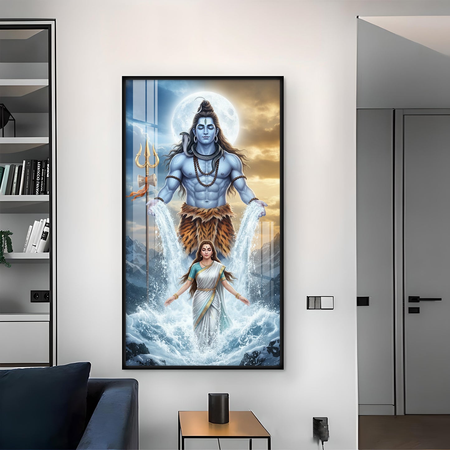 Shiv Parvati Glass Finish Vertical Wall Art