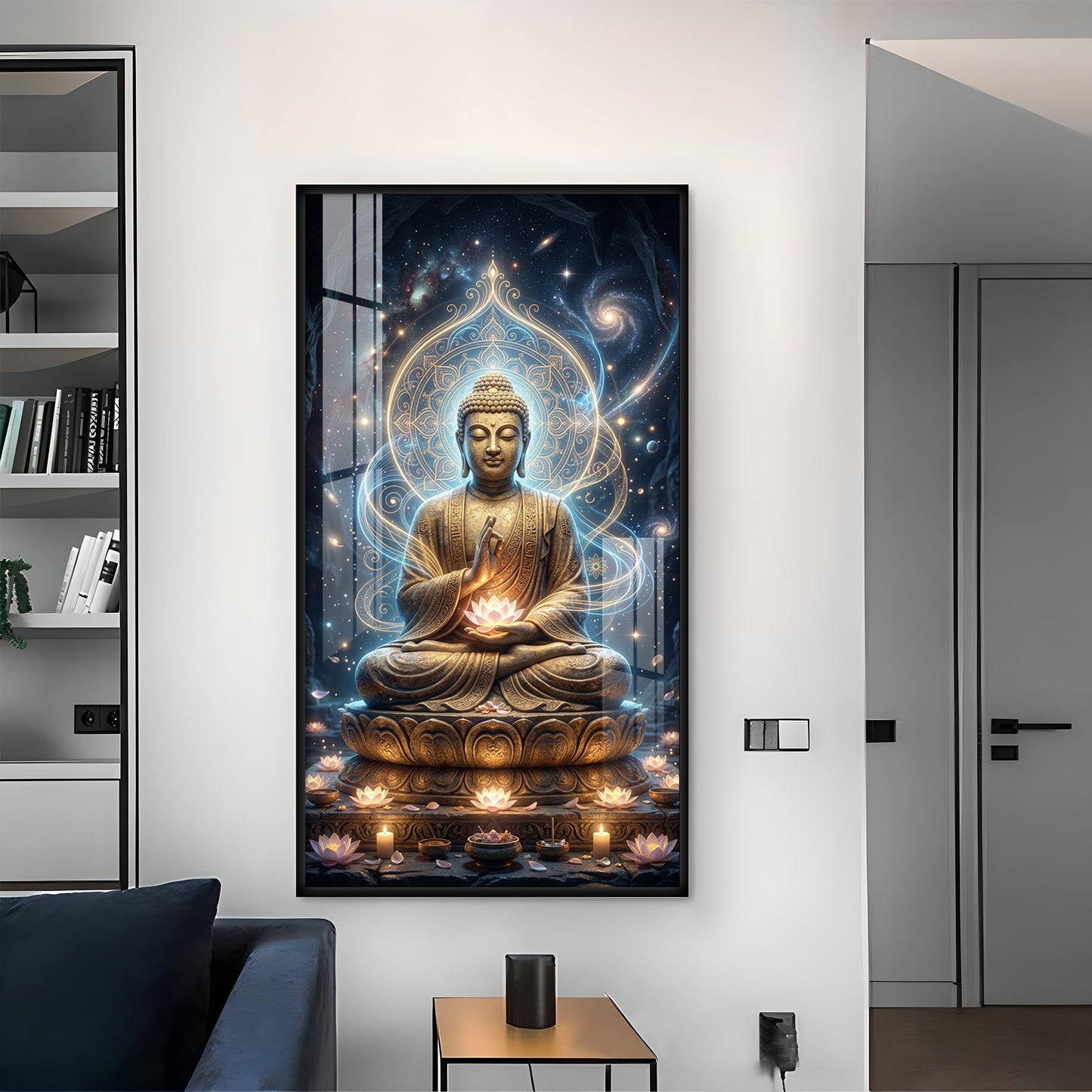 Meditating Buddha Glass Finish Vertical Wall Art