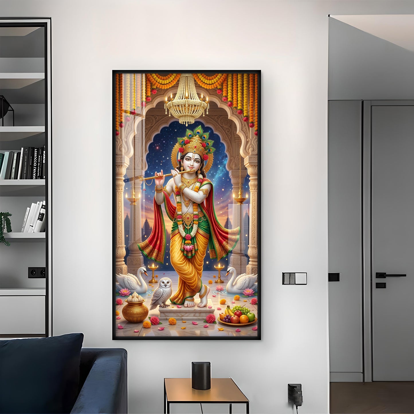 Divine Krishna With Flute Glass Finish Vertical Wall Art