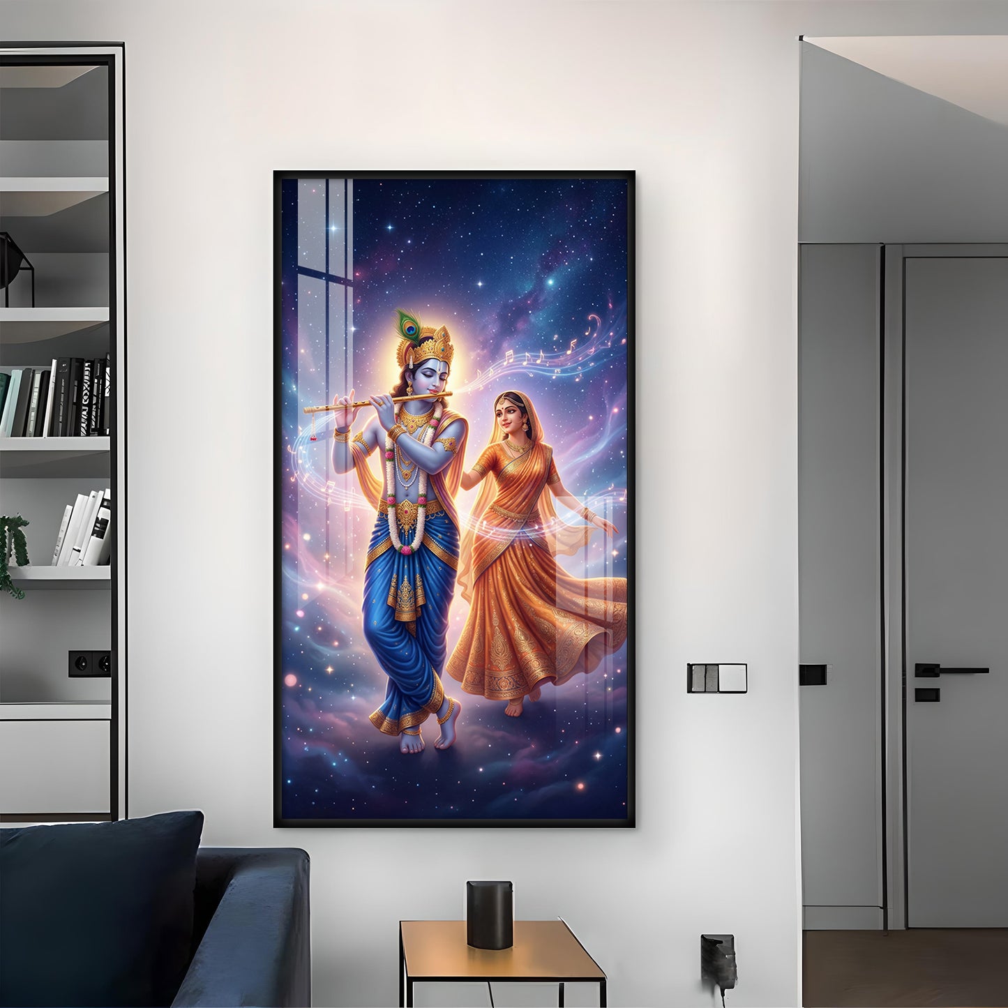 Radha Krishna Divine Glass Finish Vertical Wall Art