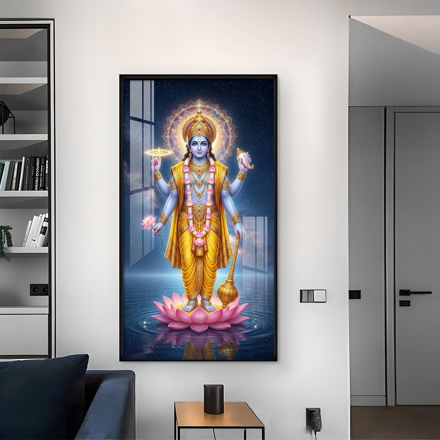 Divine Lord Vishnu Ji On Lotus Glass Finish Vertical Wall Art