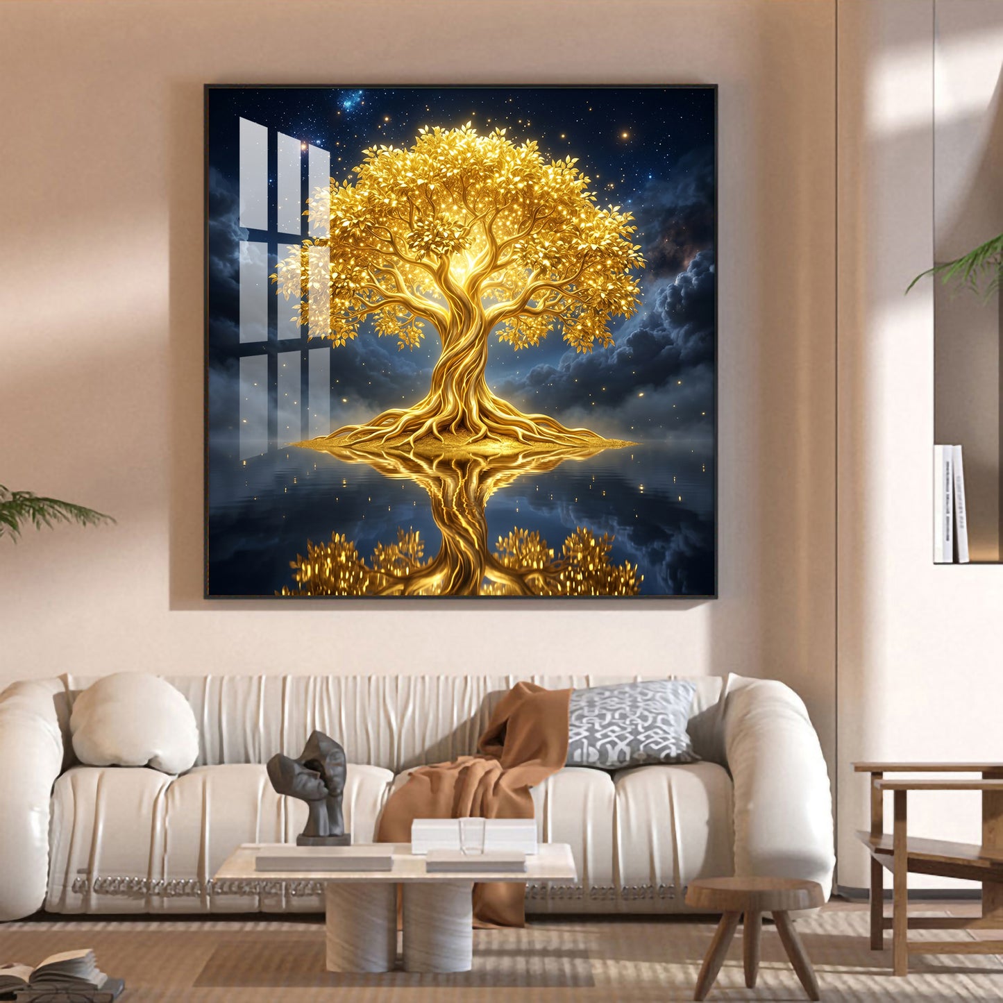 Divine Tree Kalpavriksha Glass Finish Square Wall Art