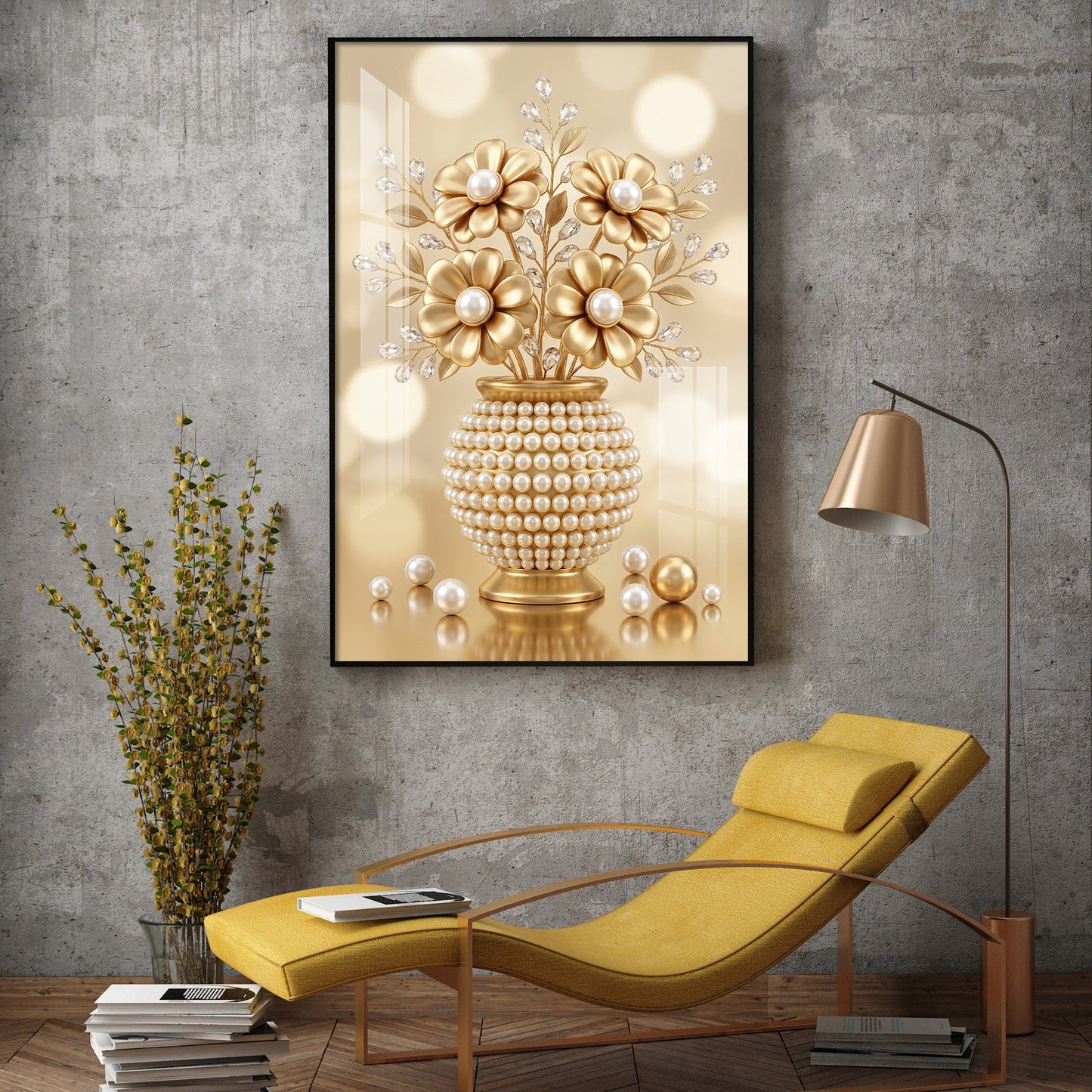 Golden Flowers With Vase Glass Finish Vertical Wall Art