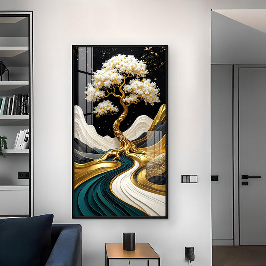 Golden Serenity Tree Glass Finish Vertical Wall Art