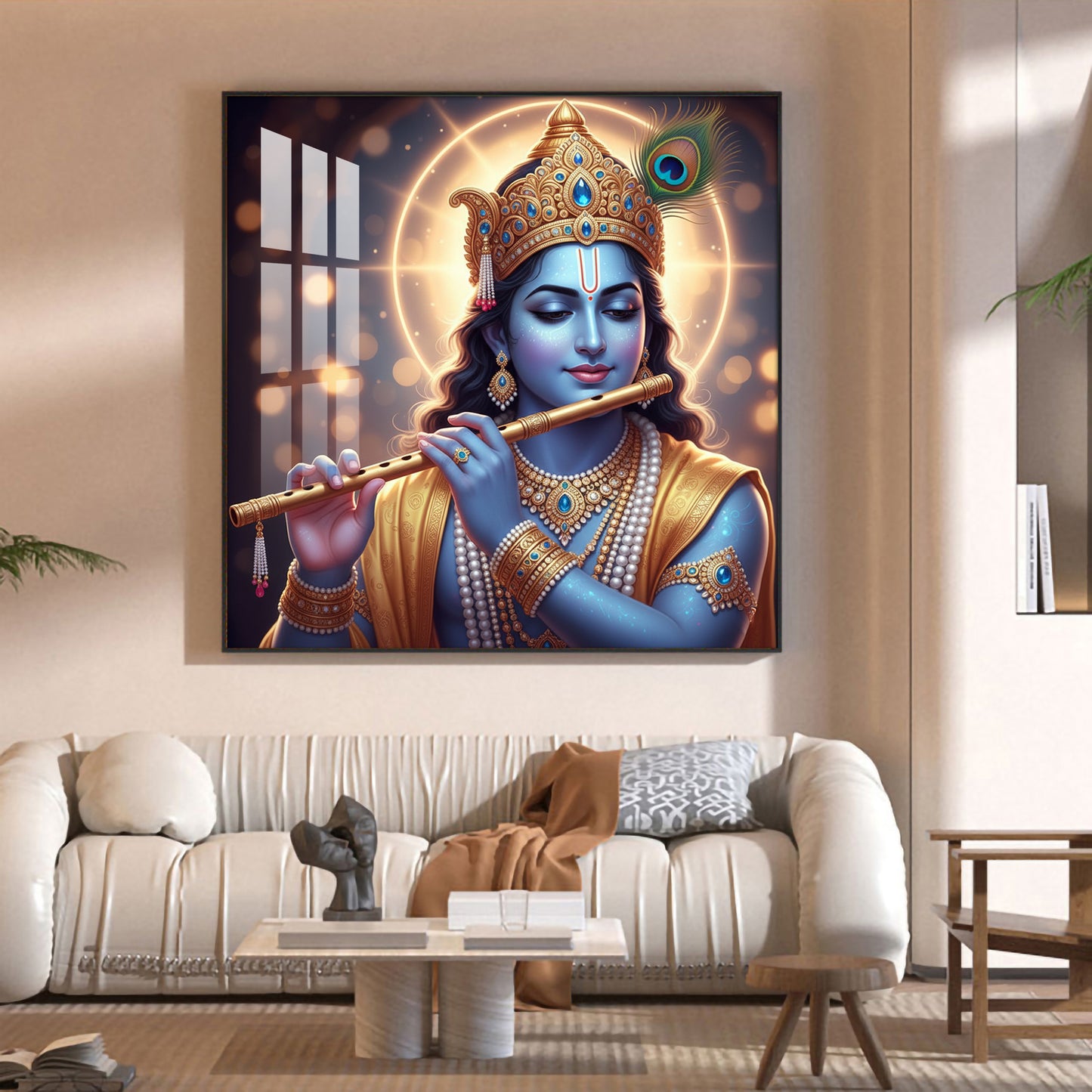 Spiritual Krishna With Flute Glass Finish Square Wall Art