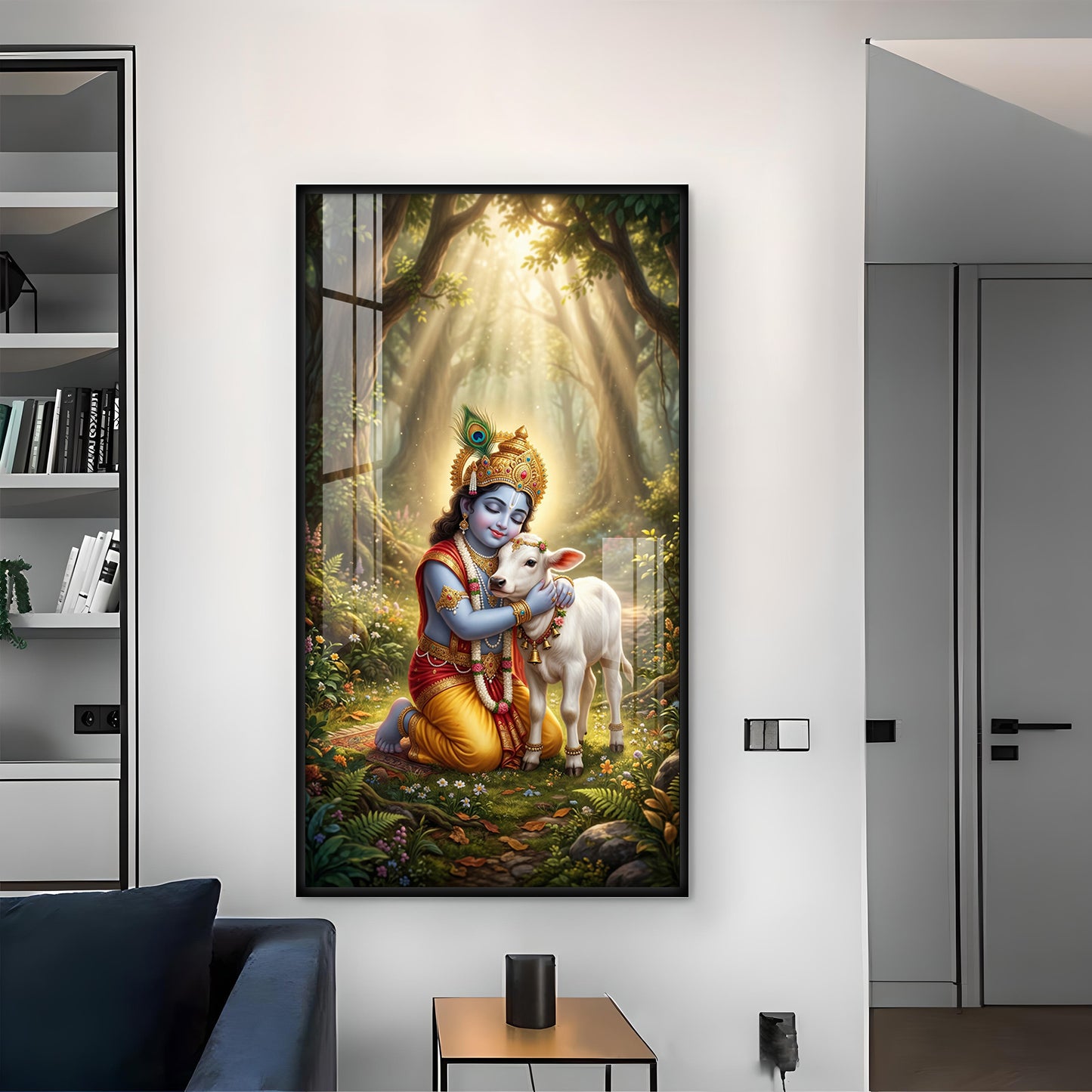 Bal Krishna With Calf Glass Finish Vertical Wall Art