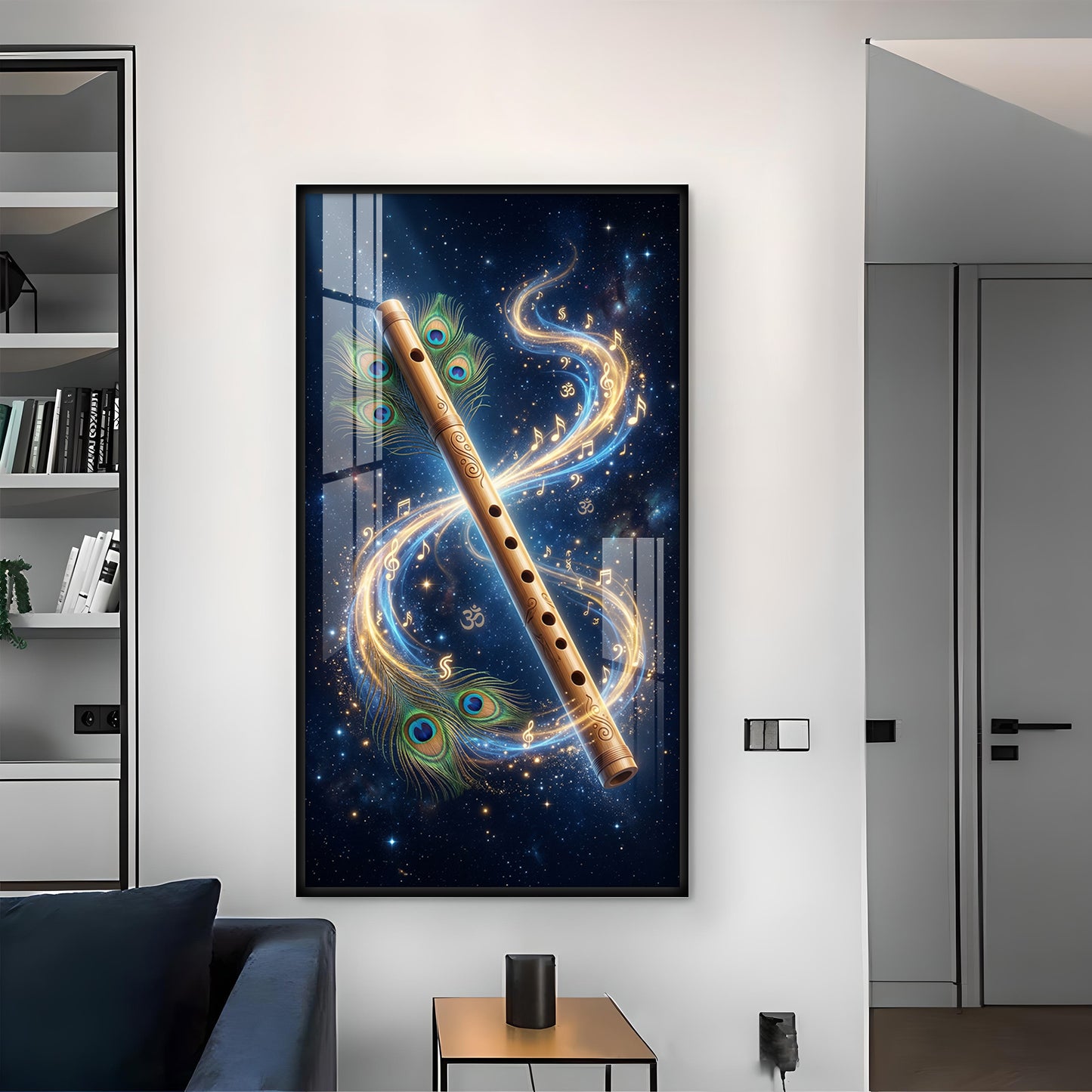 Flute With Peacock Feathers Glass Finish Vertical Wall Art