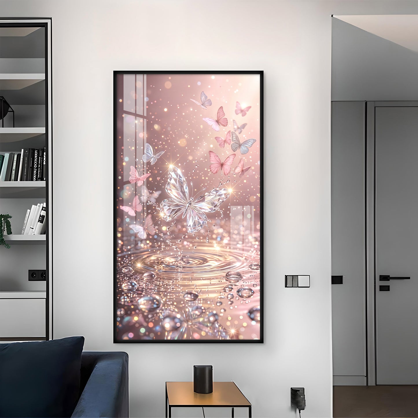 Sparkling Pink Butterfly Glass Finish Vertical Wall Art