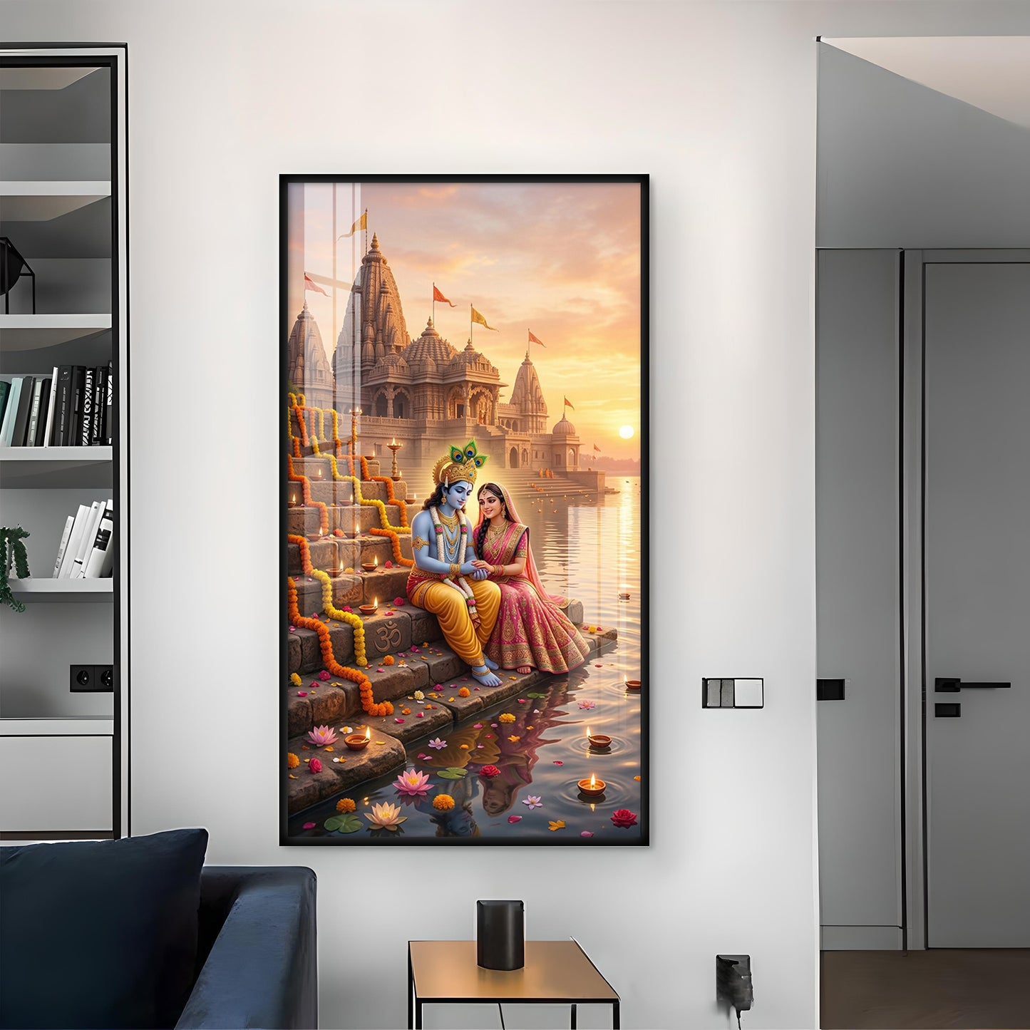 Radha Krishna On Ghat Glass Finish Vertical Wall Art