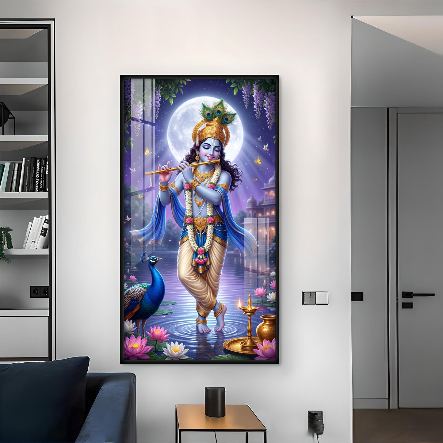 Depicting Lord Krishna Glass Finish Vertical Wall Art