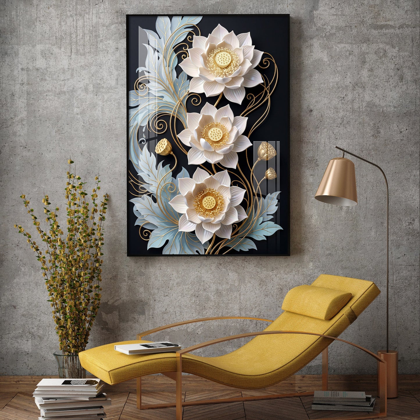 White Lotus With Golden Accents Glass Finish Vertical Wall Art