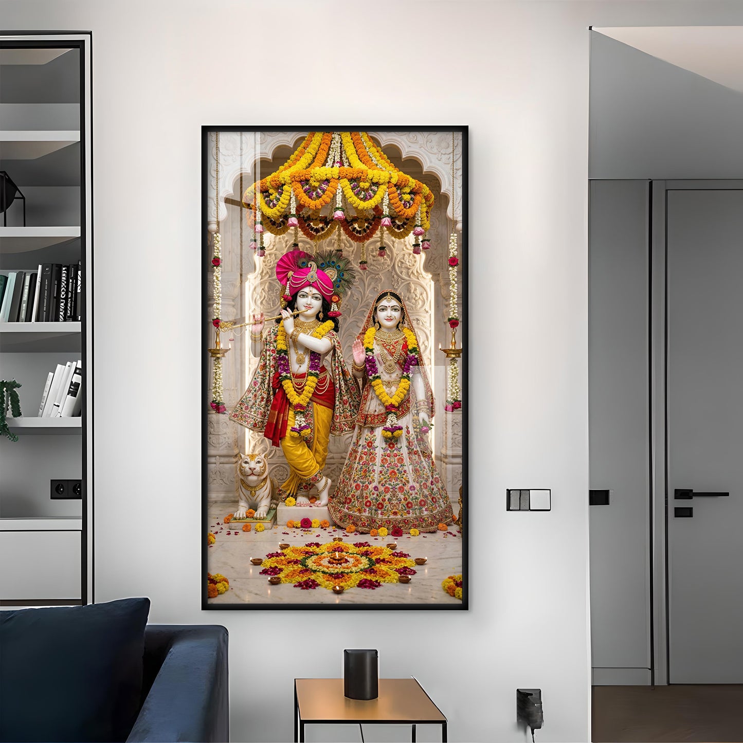 Divine Radha and Krishna Glass Finish Vertical Wall Art