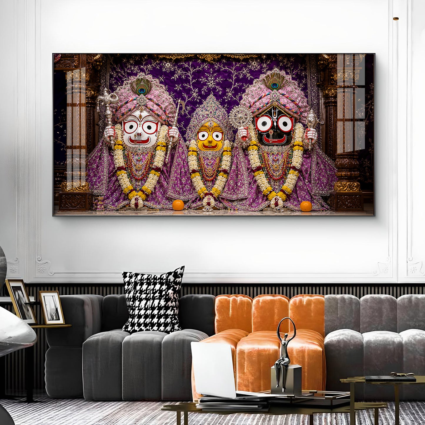 Hindu Deities Lord Jagannath, Subhadra, & Balabhadra Glass Finish Horizontal Wall Art