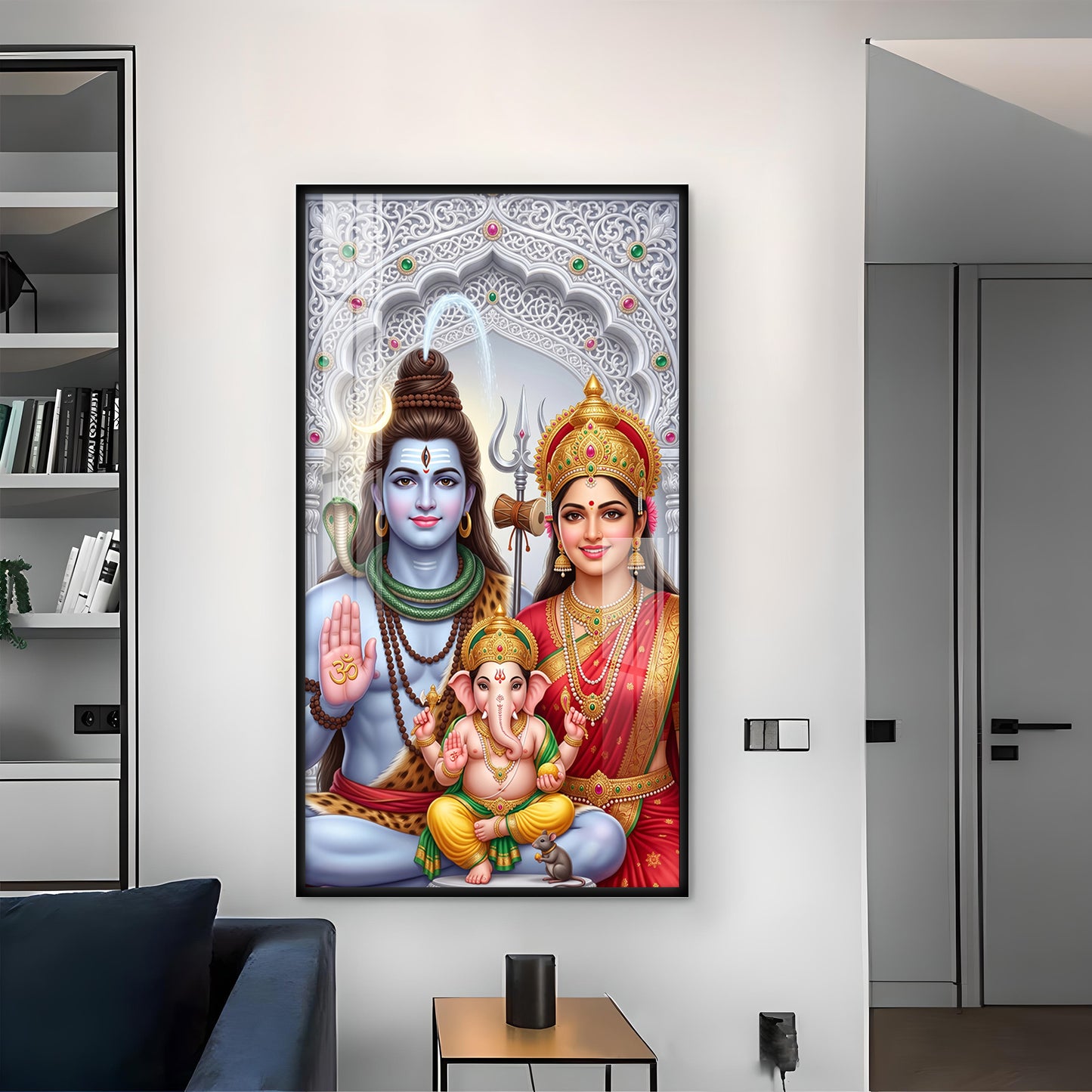 Hindu Deity Family Glass Finish Vertical Wall Art