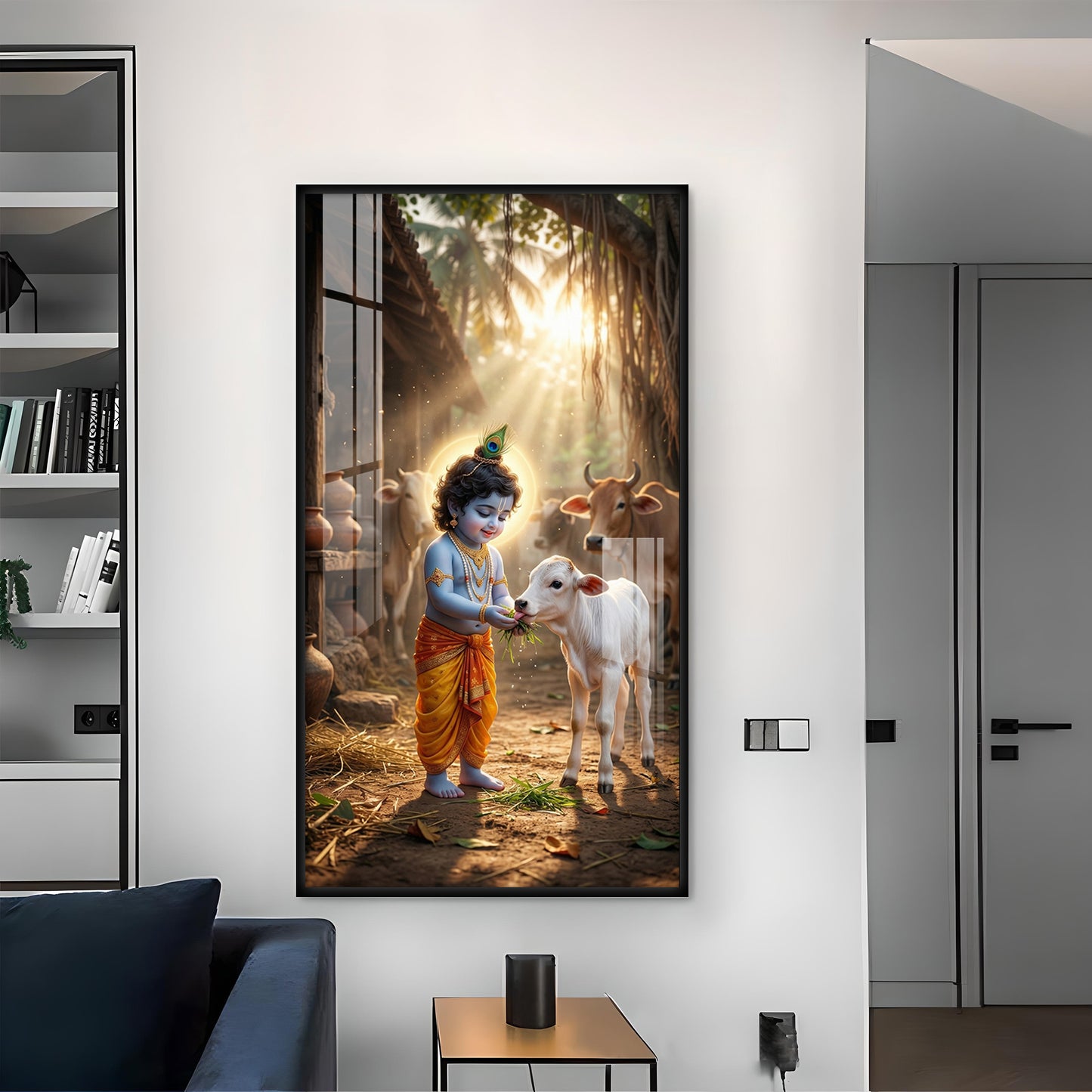 LIttle Krishna With Calf Glass Finish Vertical Wall Art